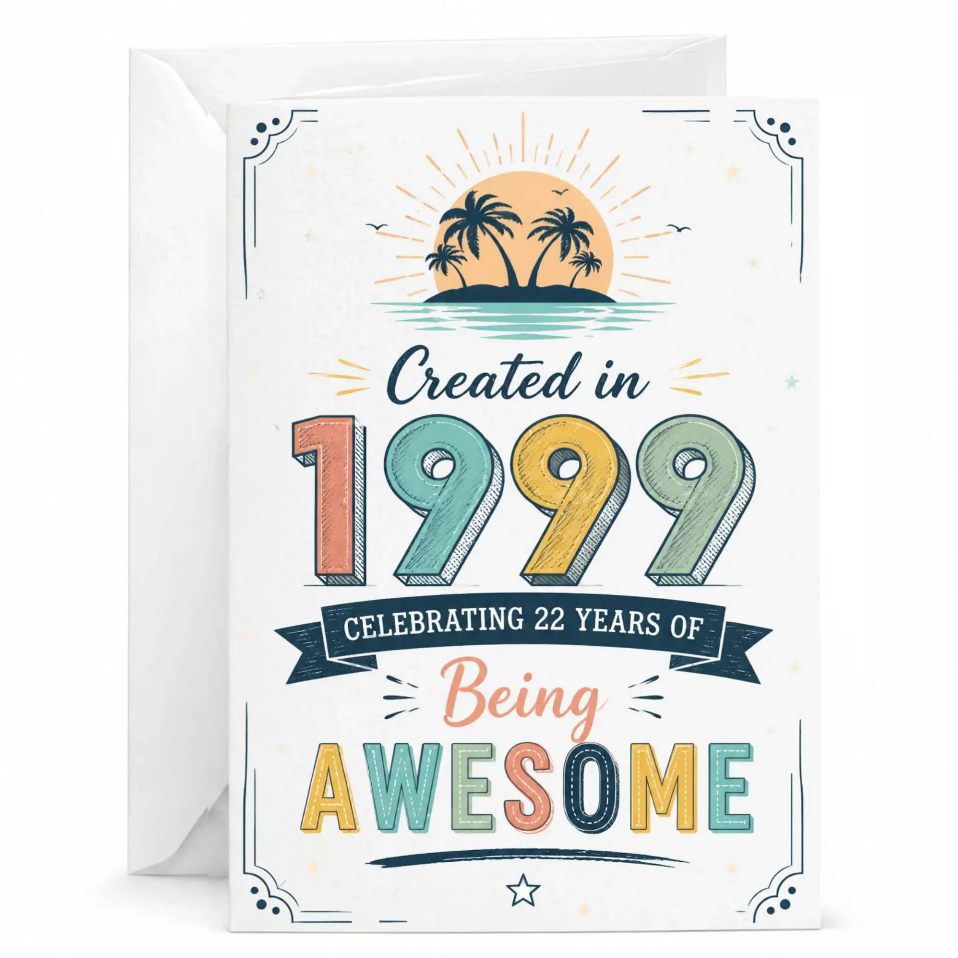 Birthday Card Created in 1999 Celebrating 22 Years of Being Awesome Retro Tropical Sunset Design Greeting Card