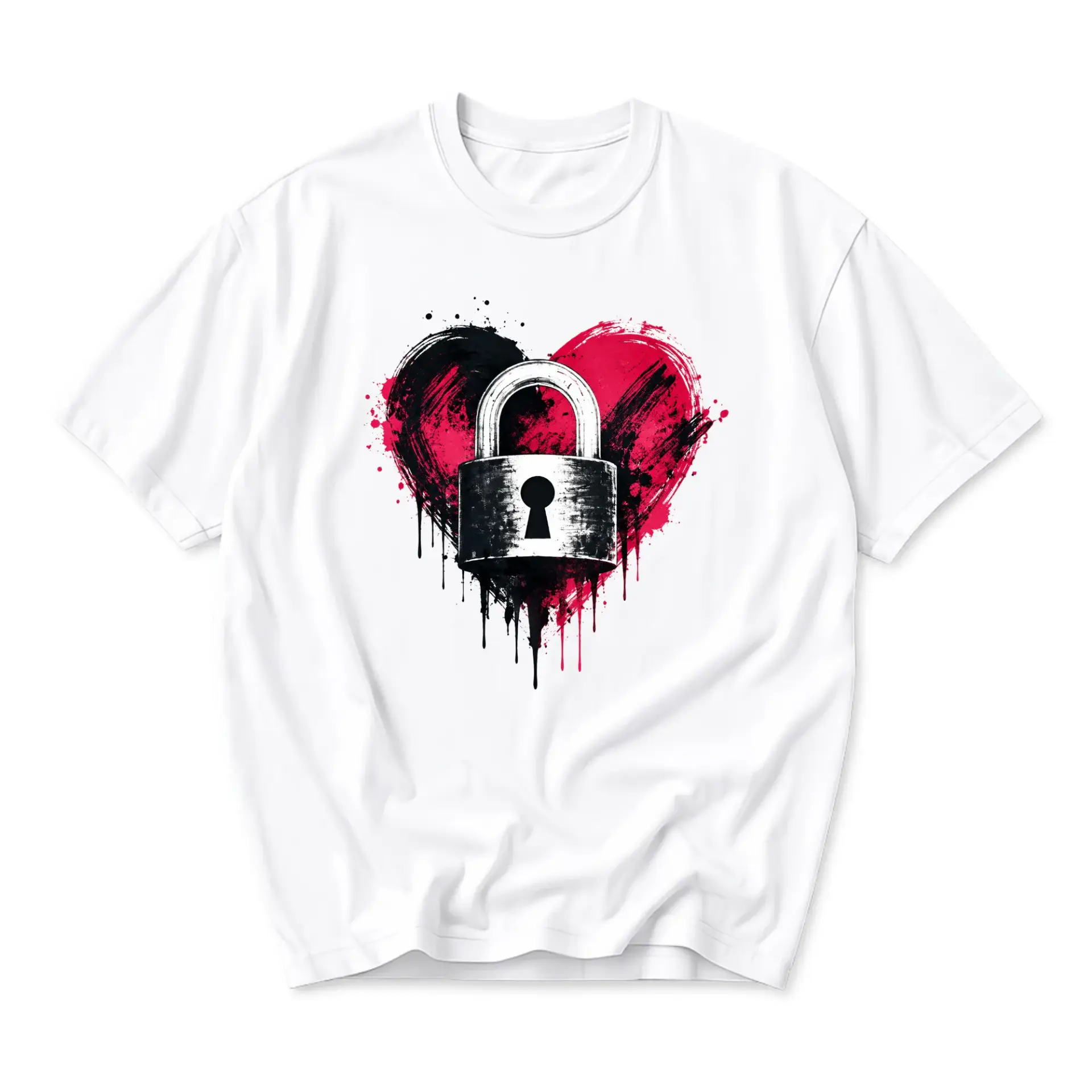 Graphic Tee Unisex Heart Padlock Shirt Artistic Red and Black Painted Style Modern Urban Fashion Casual Crew Neck