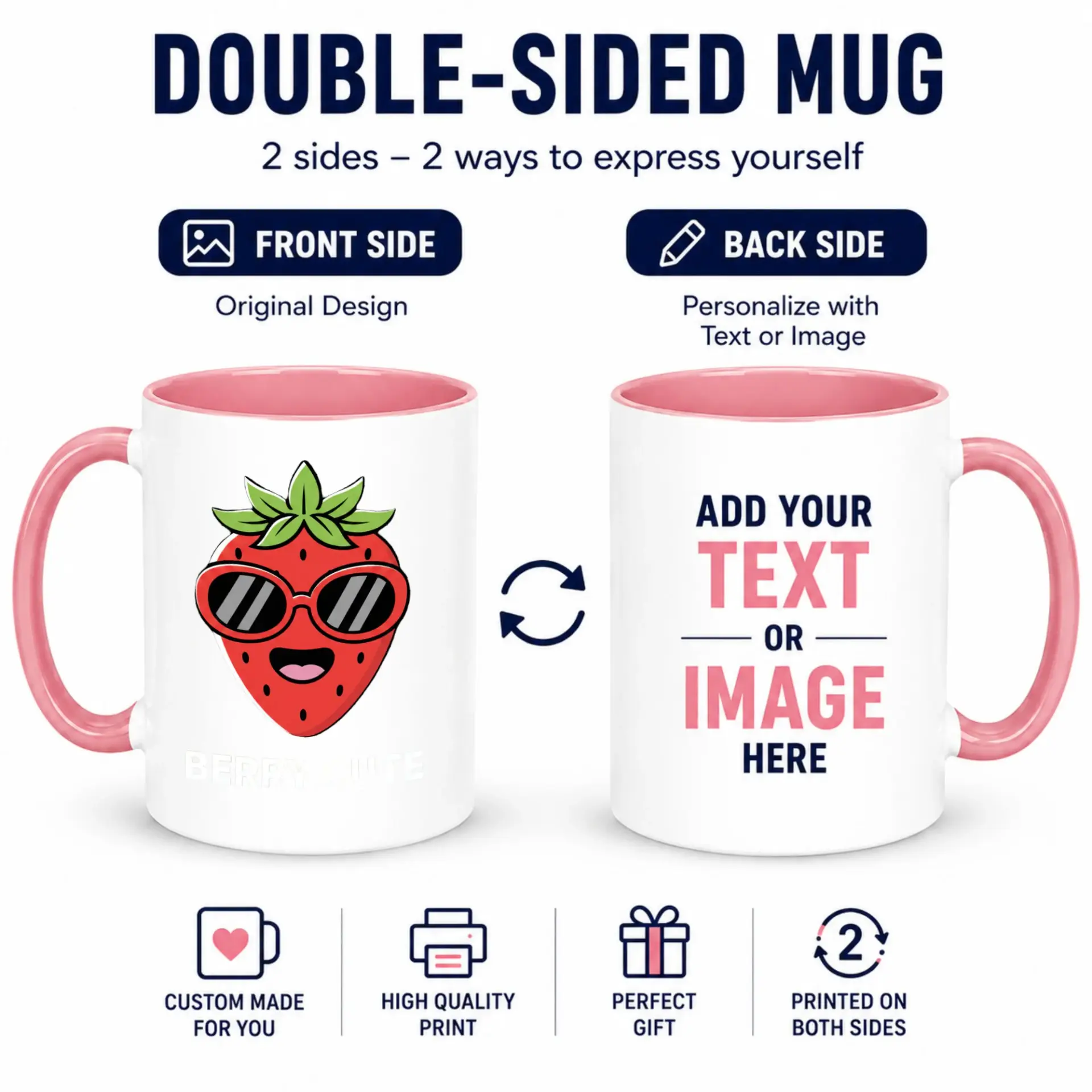 Funny Coffee Mug with Berry Cute Strawberry Design, 11oz or 15oz White Ceramic Drinkware with Blue Handle Interior for Hot Beverages