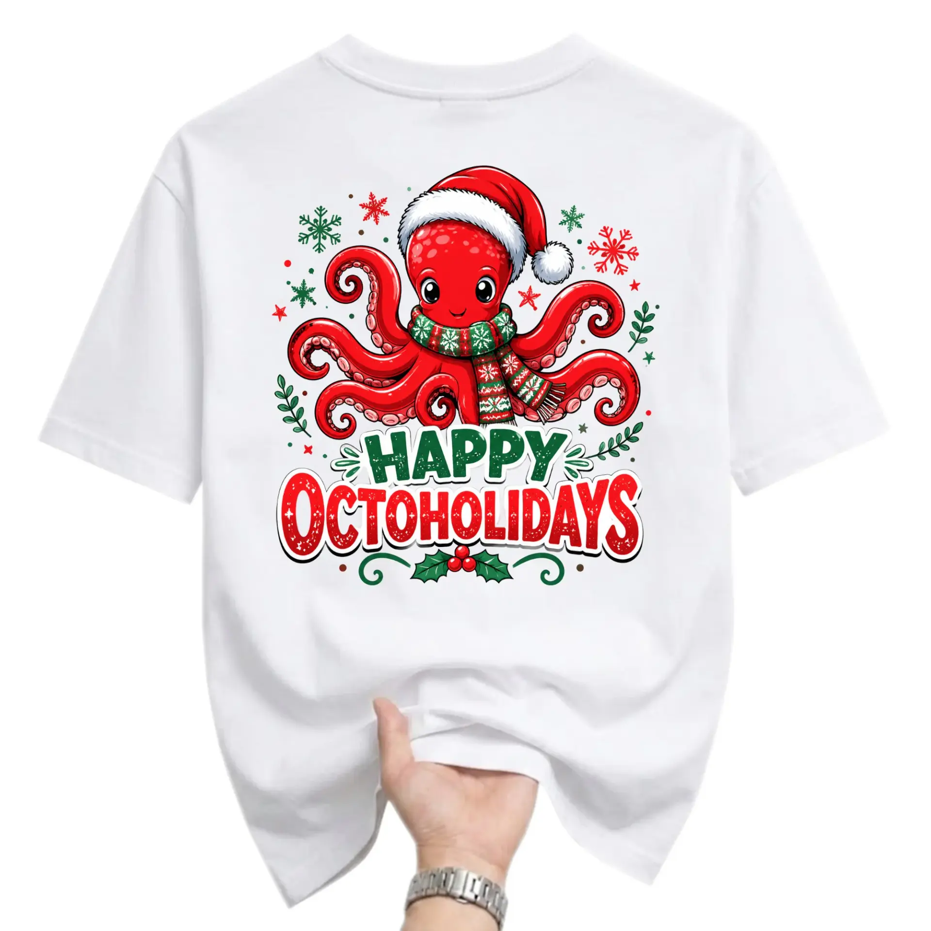 Funny Shirt Happy Octoholidays Graphic Tee Cute Wearing Santa Hat Christmas Holiday Unisex Crew Neck T-Shirt