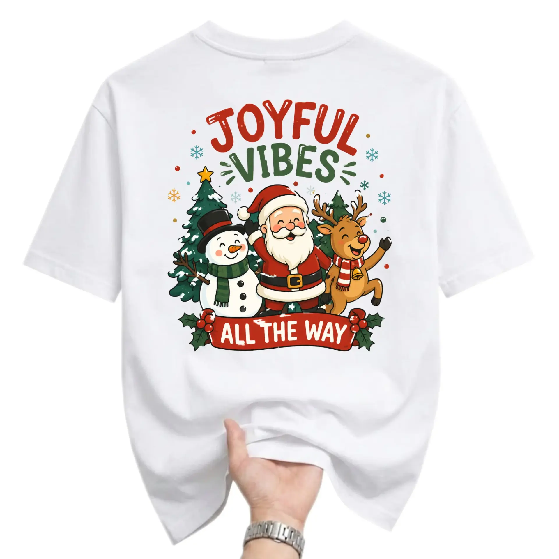 Graphic Tee Joyful Christmas Holiday Santa Claus Snowman Reindeer Festive