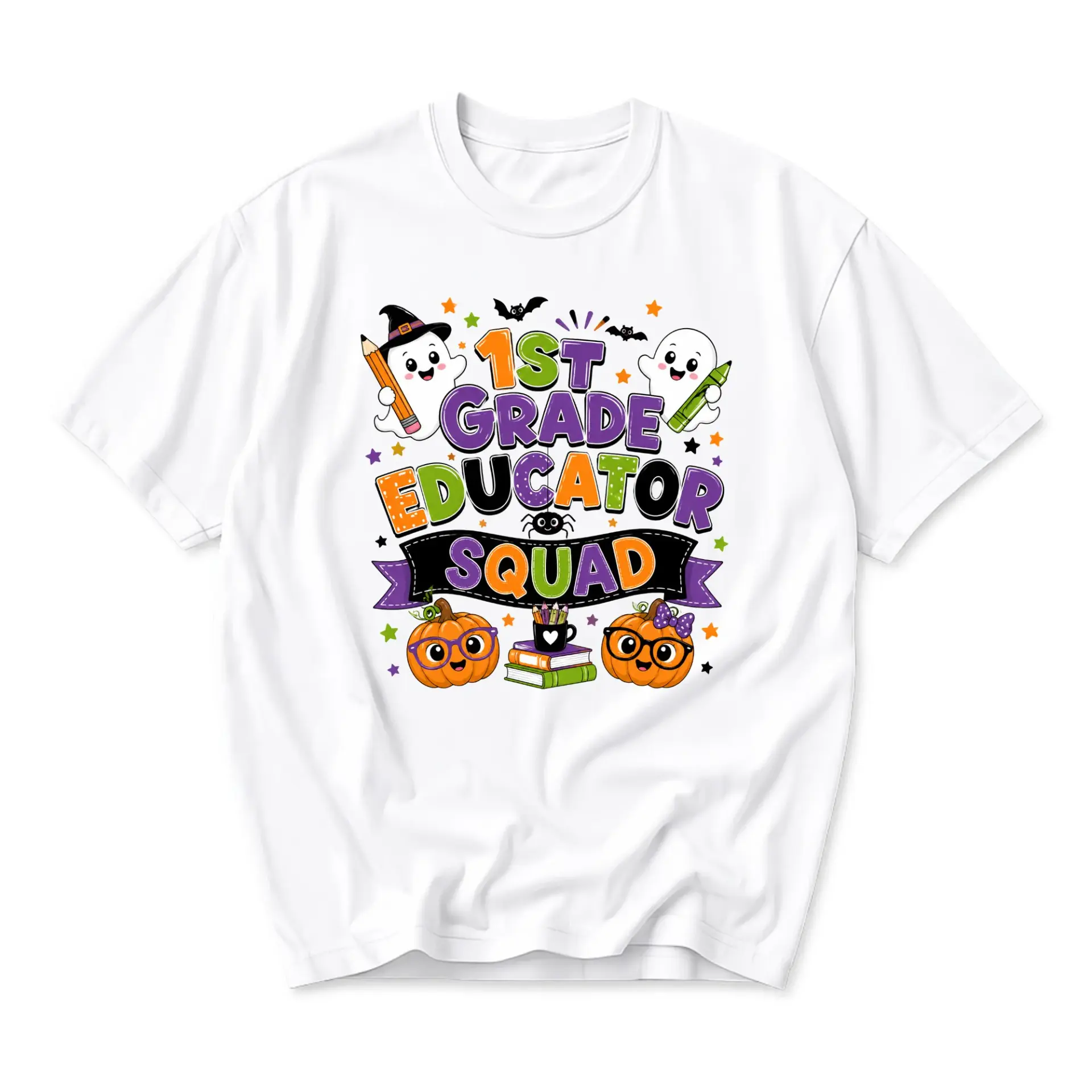 Funny Shirt 1st Grade Educator Squad Halloween Graphic Tee Unisex Casual Crew Neck Comfortable Cotton Blend Top