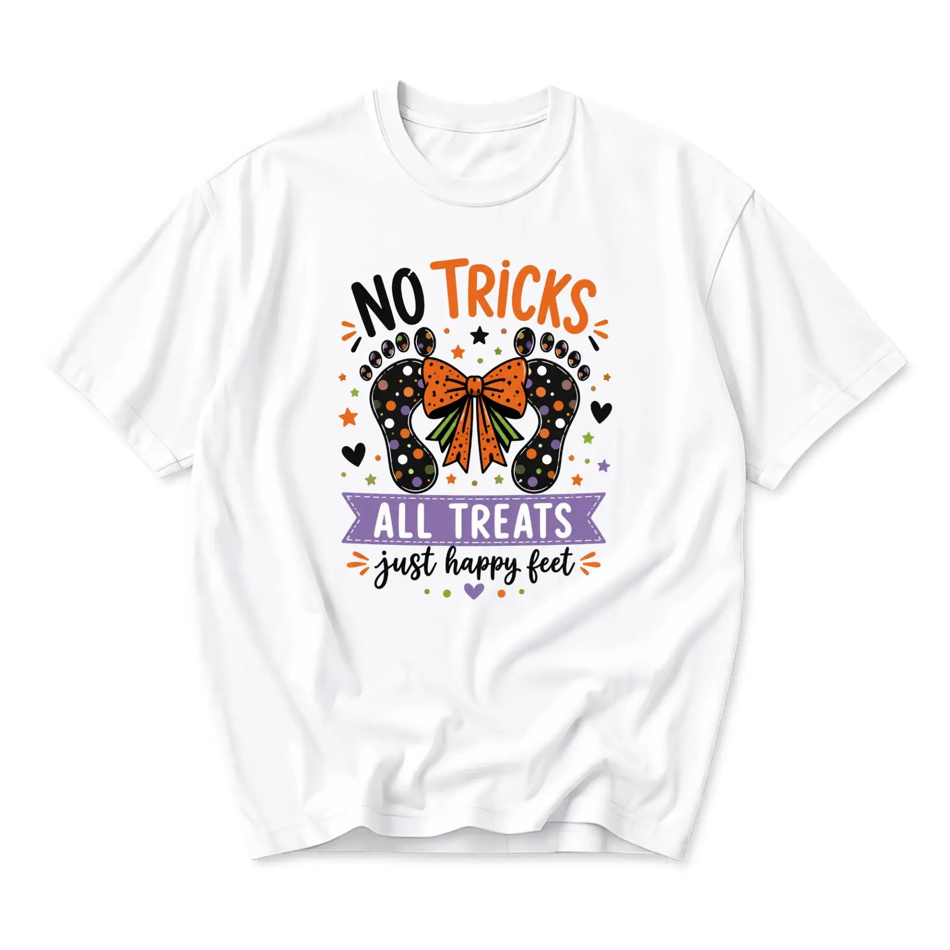 Funny Shirt No Tricks All Treats Happy Feet Graphic Tee Seasonal Casual Apparel for Women and Men White Crew Neck Top