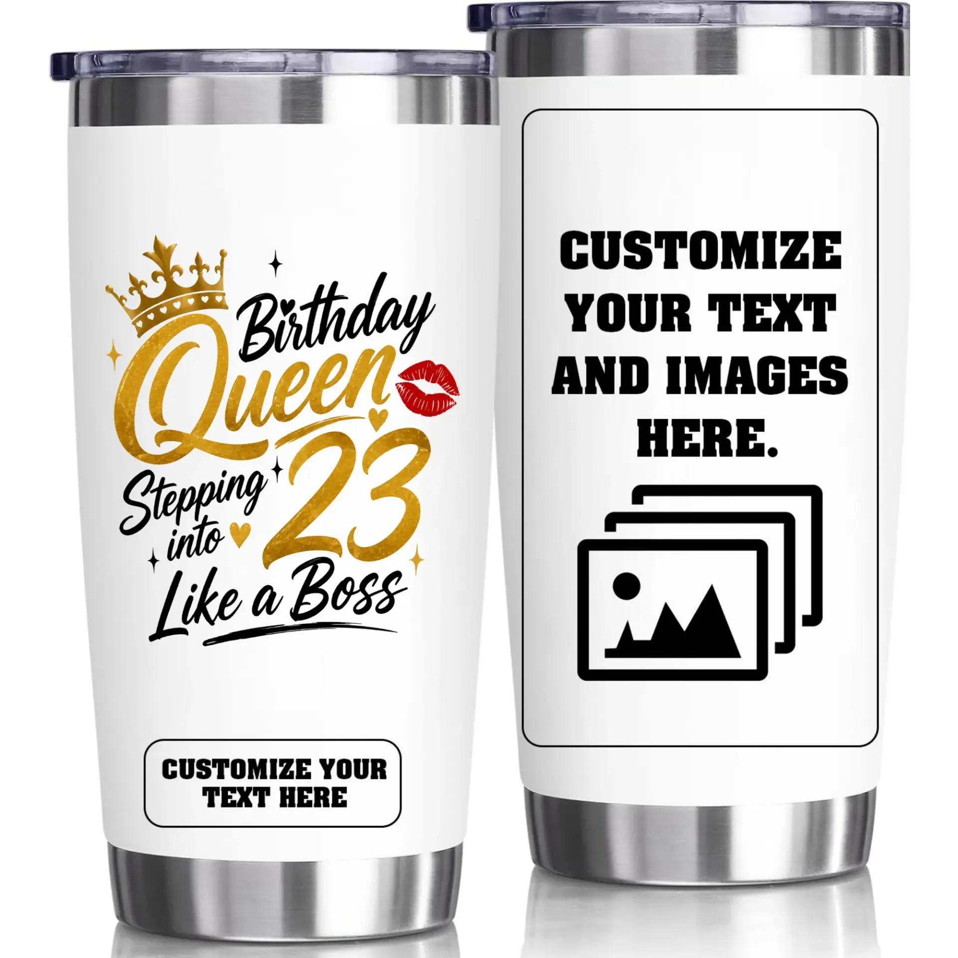 Stainless Steel Tumbler 20oz Birthday Queen Design Insulated Travel Cup with Customizable Text and Graphic Options