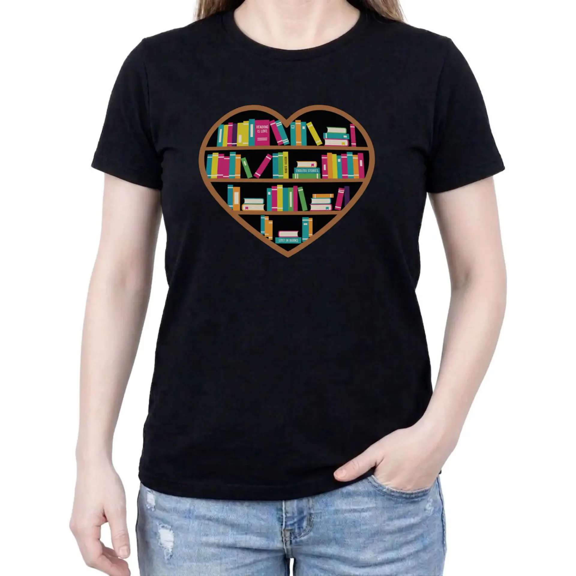 Graphic Tee Unisex Book Lover Heart Shaped Shelf Print Shirt Soft Cotton Casual Apparel for Literature Readers