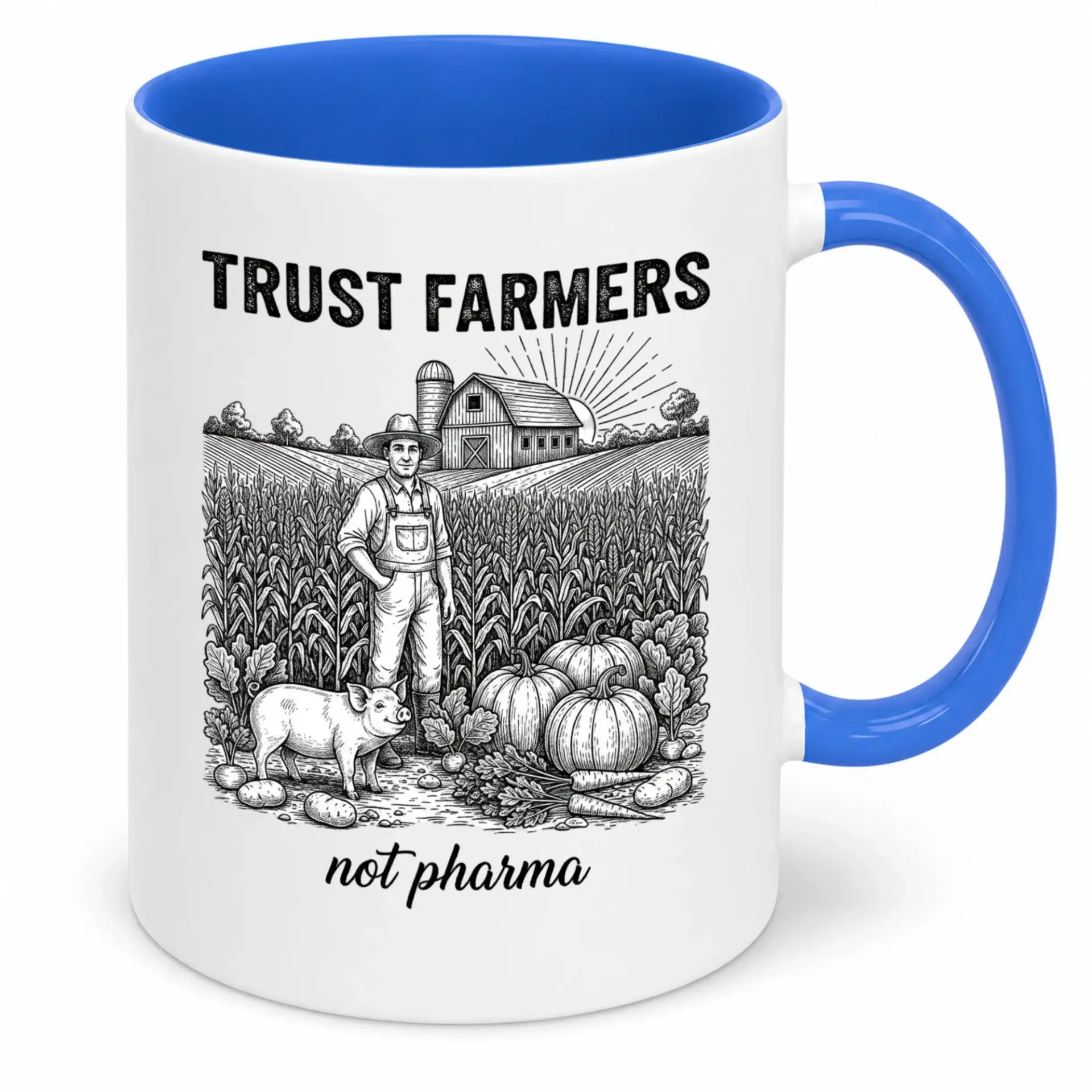 Trust Farmers Not Pharma Funny Coffee Mug Ceramic Style Beverage Cup Featuring Rural Agriculture & Natural Design
