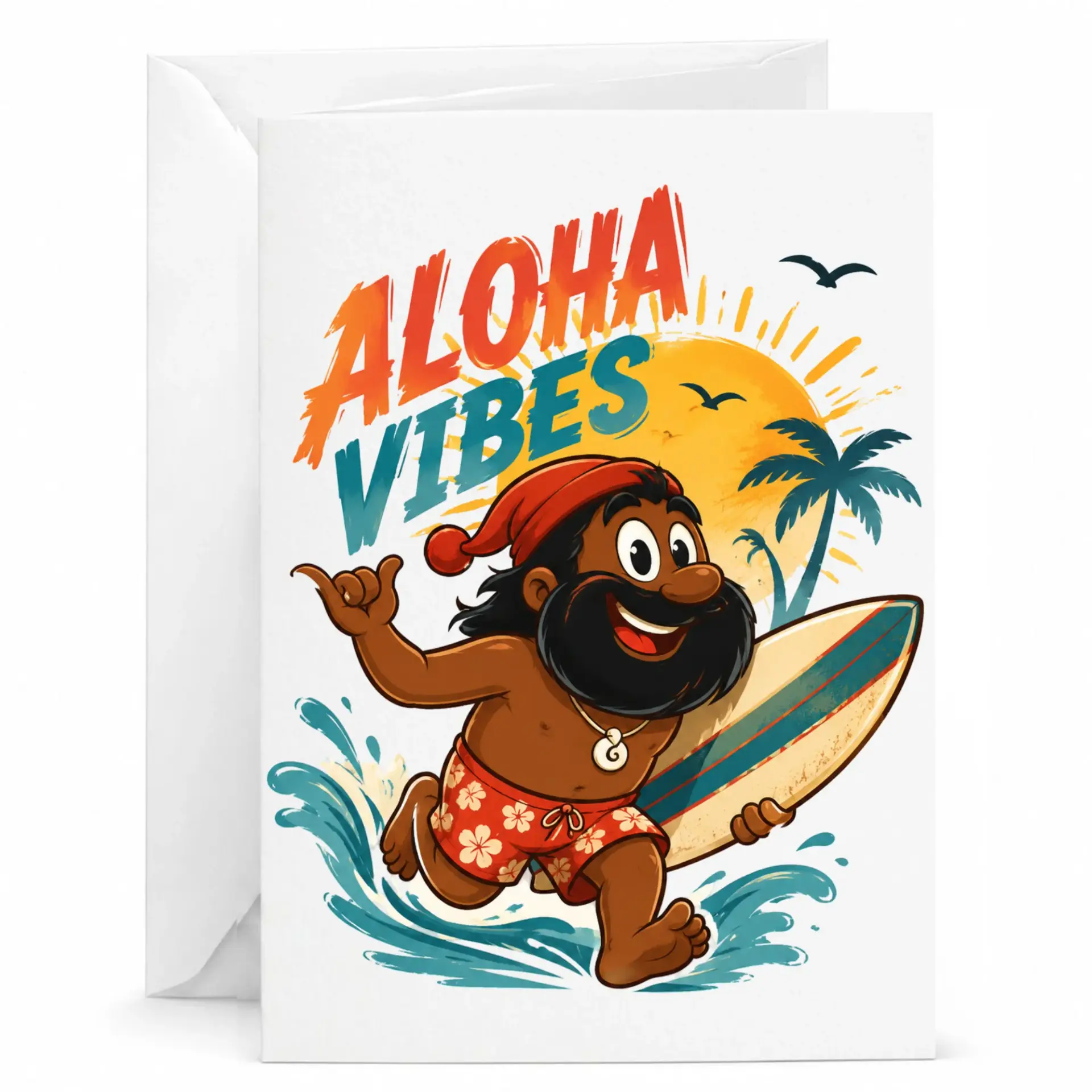 Funny Greeting Card Aloha Vibes Tropical Surf Design Birthday Note for Friends and Family 5x7 Inch Folded Stationery