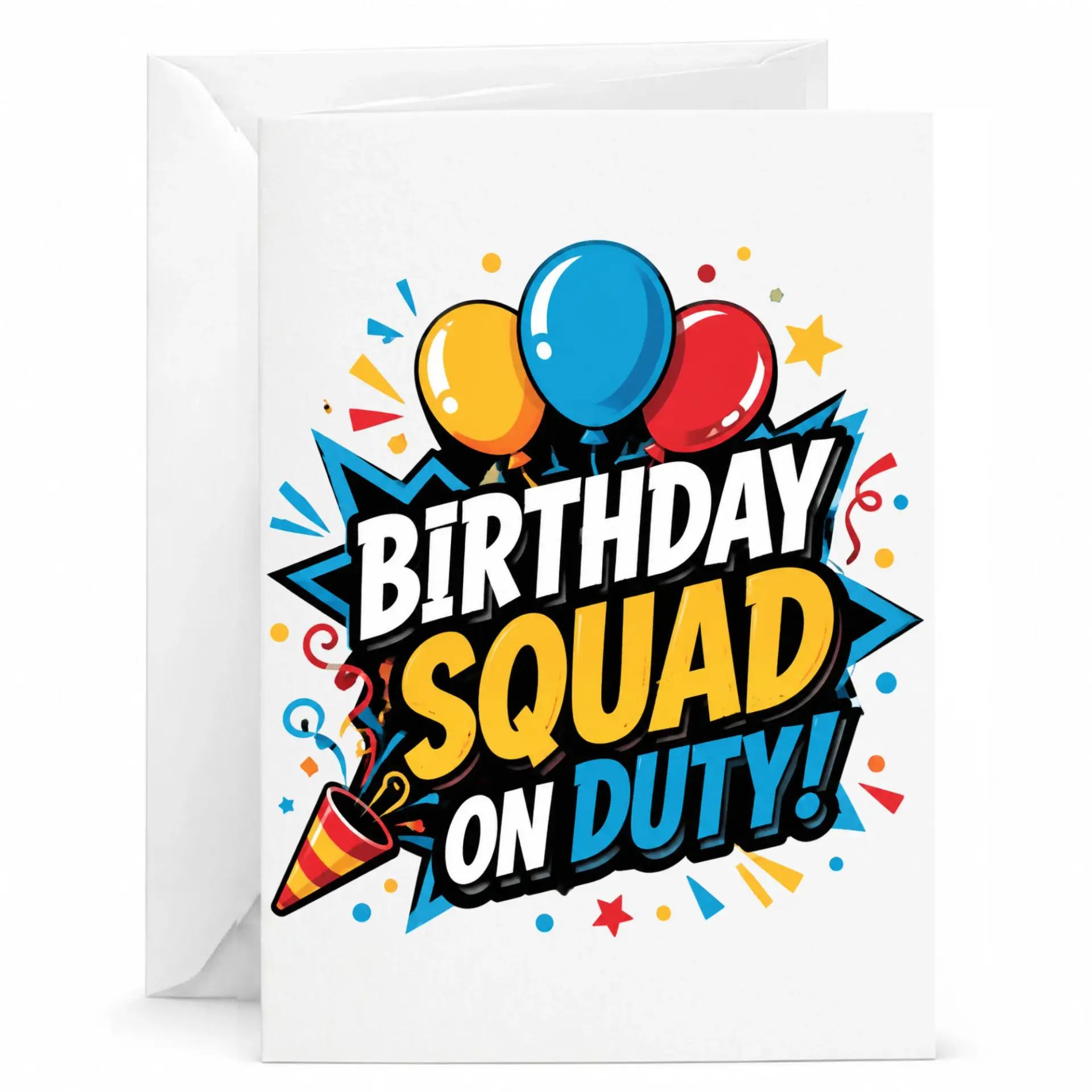 Birthday Card Birthday Squad on Duty Fun Comic Style Celebration Greeting Card with Envelope for Friends and Family