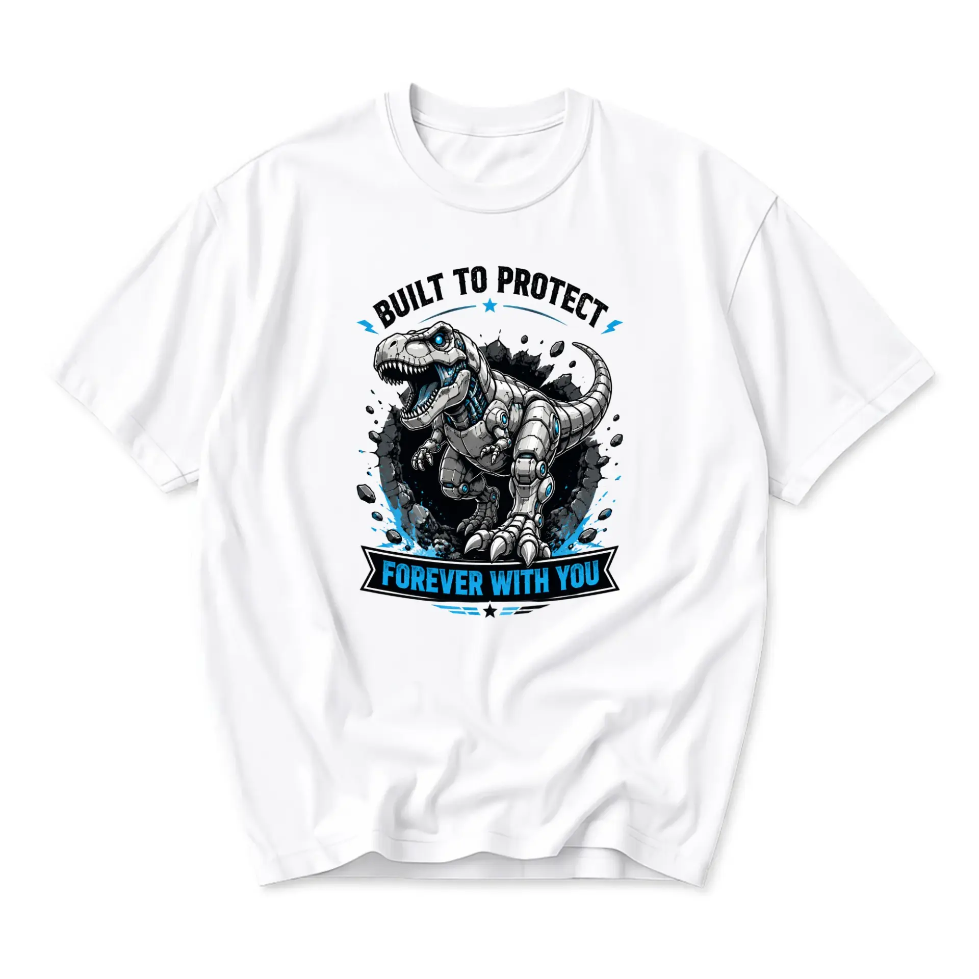 T-shirt Built to Protect Mechanical Dinosaur Graphic Tee Robotic Tyrannosaurus Rex Illustration Unisex Crew Neck Top