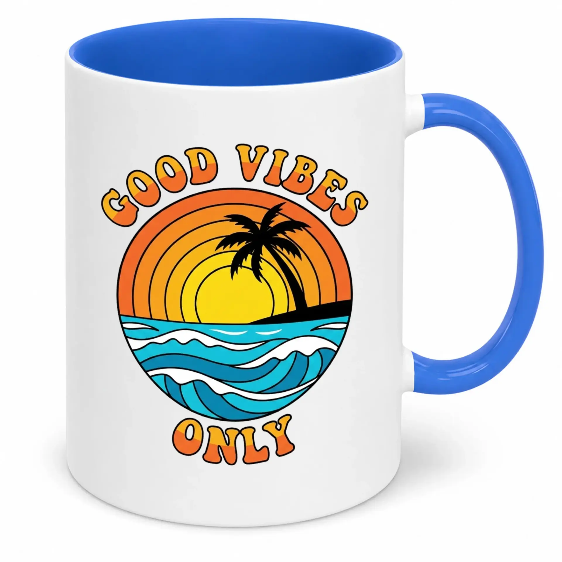 Funny Inspirational Coffee Mug with Tropical Sunset Palm Tree Design, Good Vibes Only Aesthetic Ceramic Drinkware for Home Office Kitchen