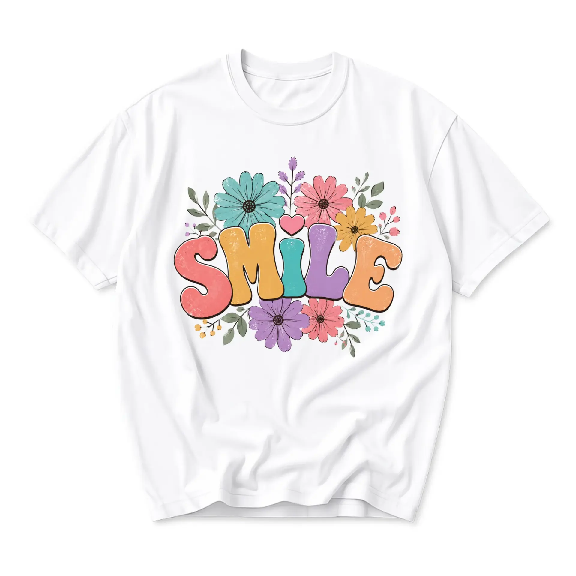 Graphic Tee Smile Floral Retro Aesthetic Casual Unisex Crew Neck Shirt for