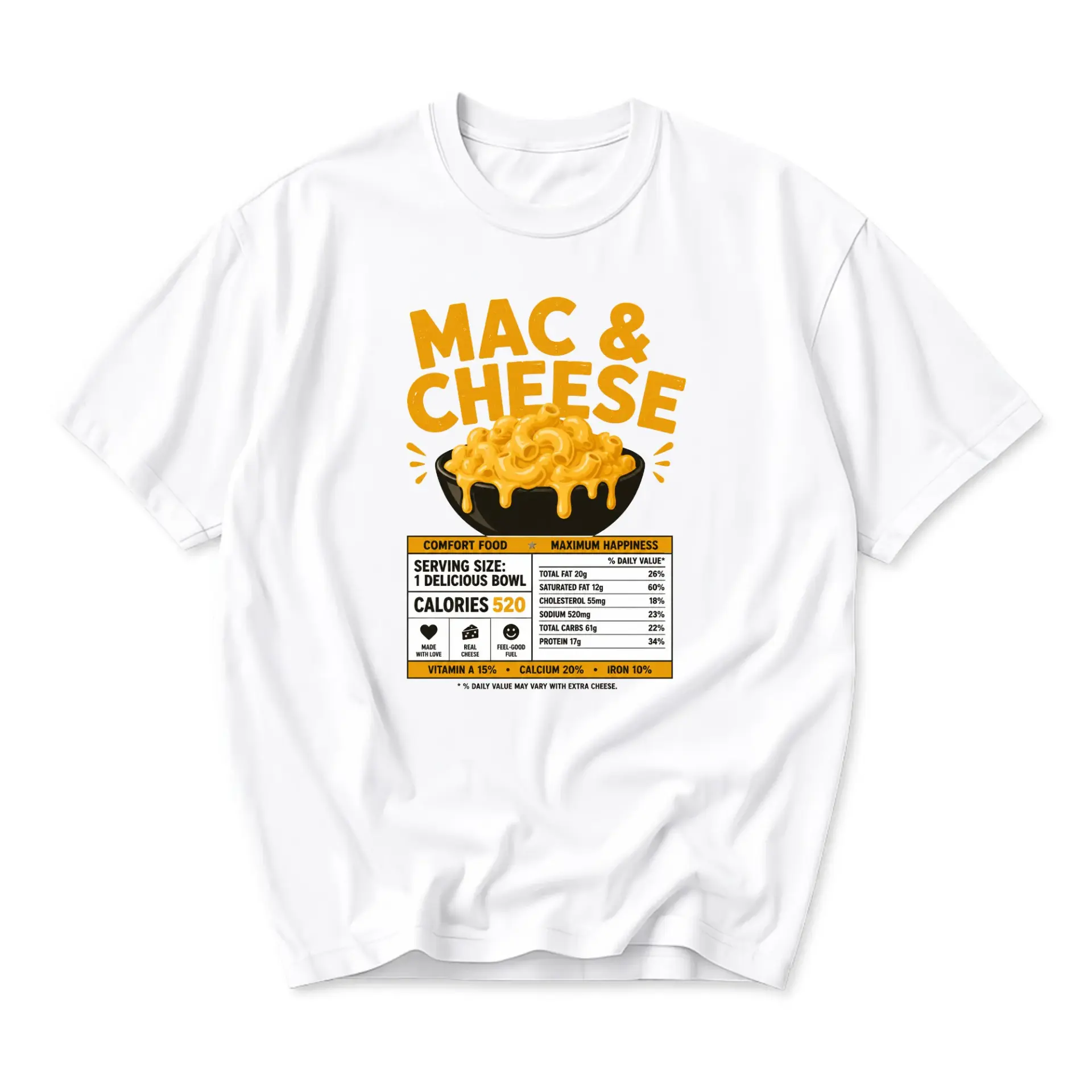 Funny Shirt Mac and Cheese Nutrition Facts Graphic Tee Casual Unisex Crew Neck Short Sleeve Cotton Blend Top