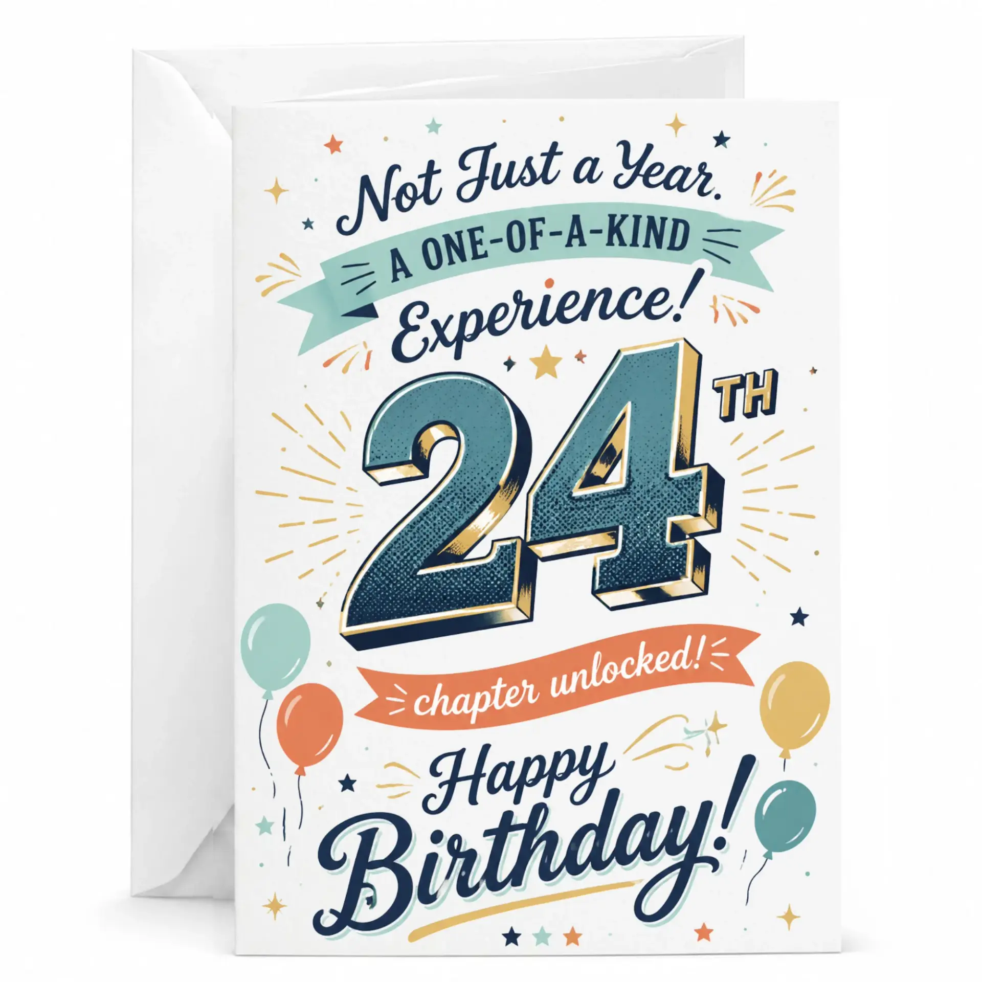 Birthday Card for 24th Birthday Celebration Fun Retro Style Twenty Fourth Milestone Greeting Card with White Envelope