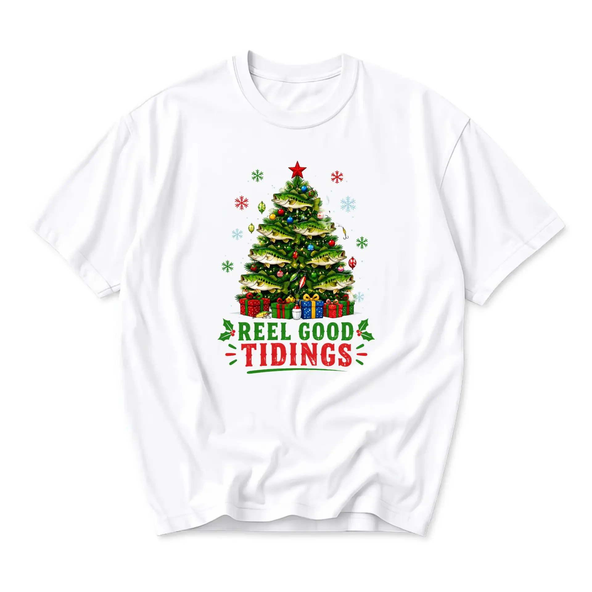 Funny Shirt Reel Good Tidings Christmas Tree Fishing Graphic Tee for