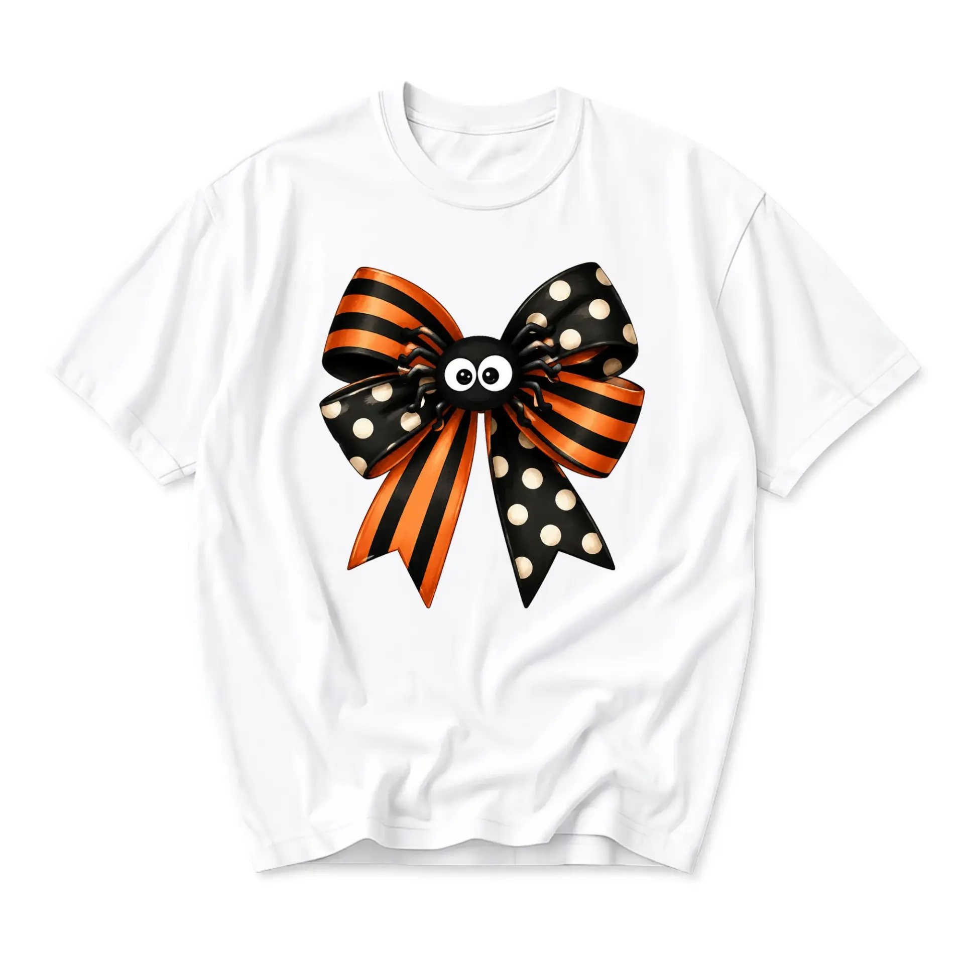 Graphic Tee Unisex Crew Neck T-Shirt Featuring Spooky Halloween Spider and Bow Print for Everyday Casual Style