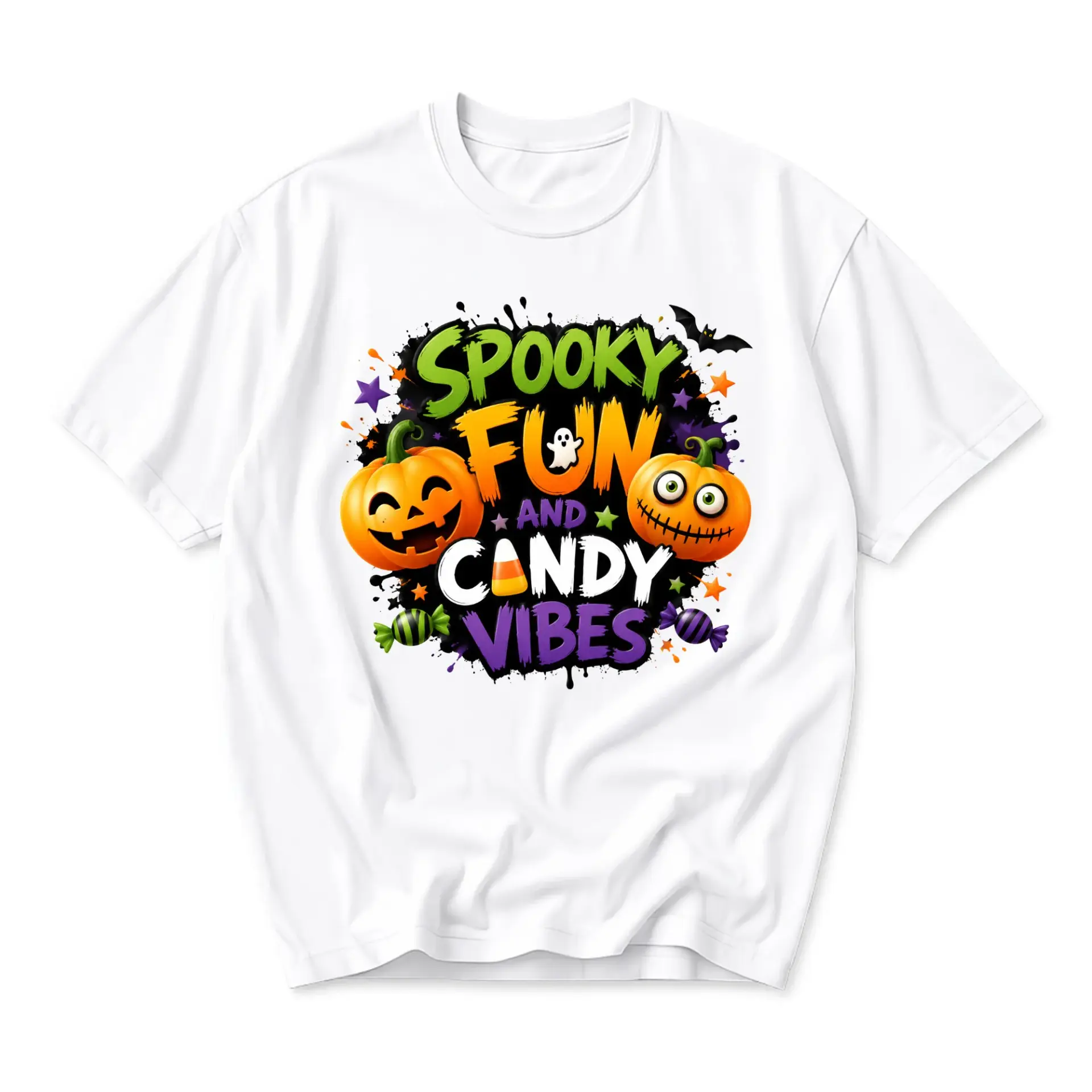 Funny Shirt Spooky Fun and Candy Vibes Graphic Tee for Halloween Seasonal Casual Wear and Everyday Outfit Apparel