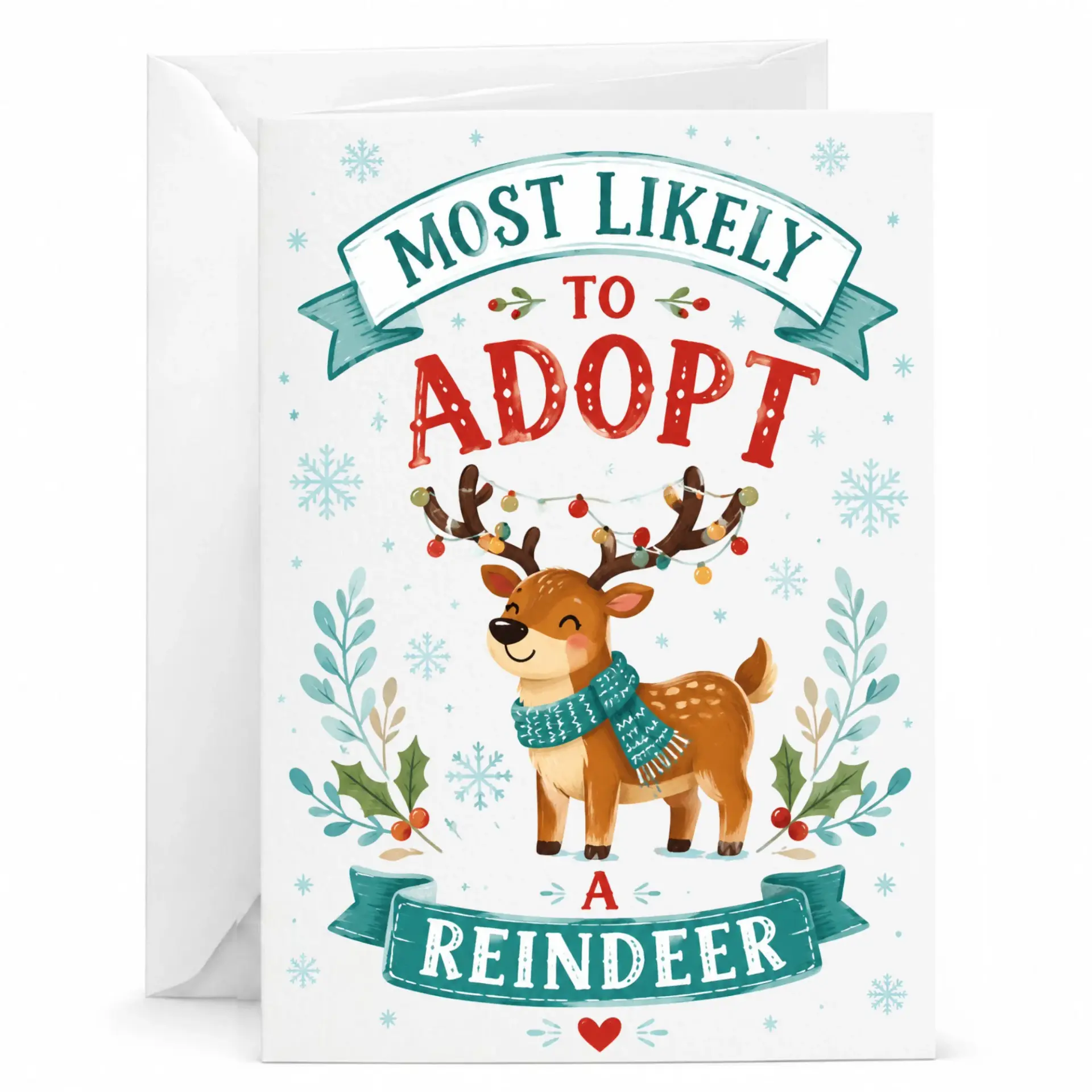 Greeting Card Holiday Festive Reindeer Design Seasonal Message Card for Friends Family and Loved Ones 5x7 Inch Folded