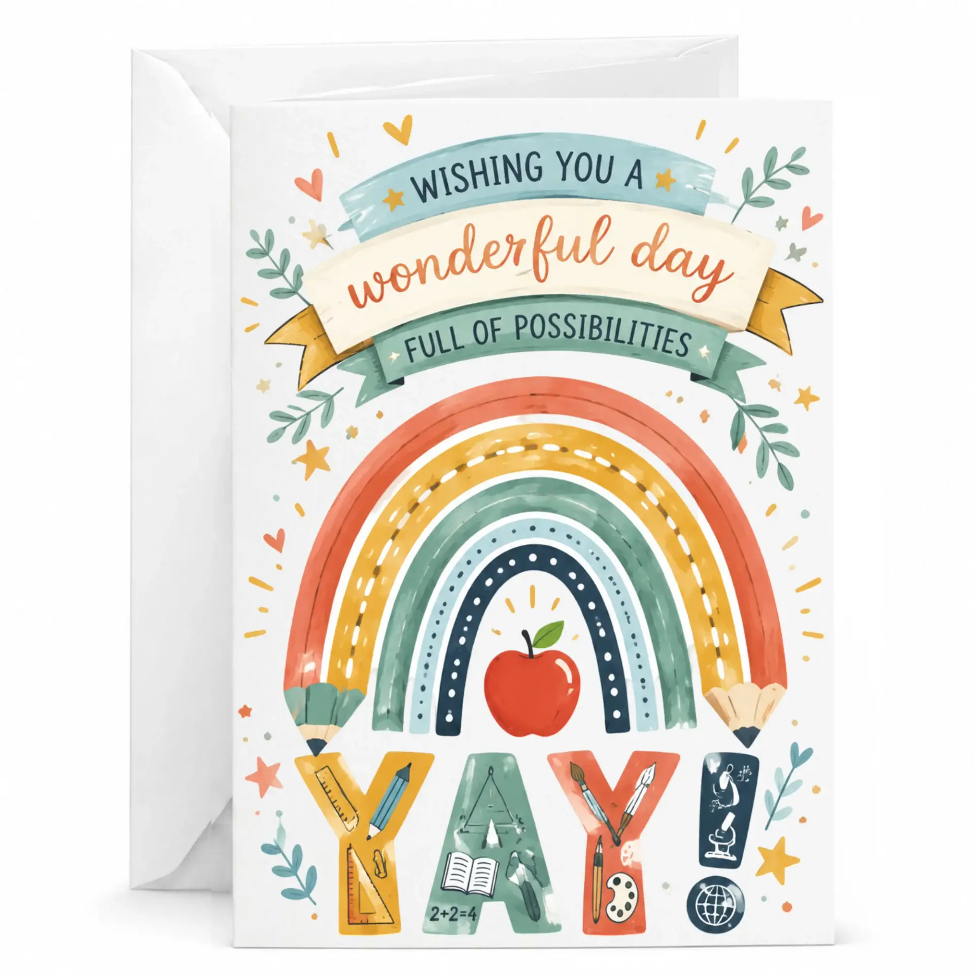 Inspirational Encouragement Card Wishing You a Wonderful Day with Rainbow Pencil Art Design for Personal Messages