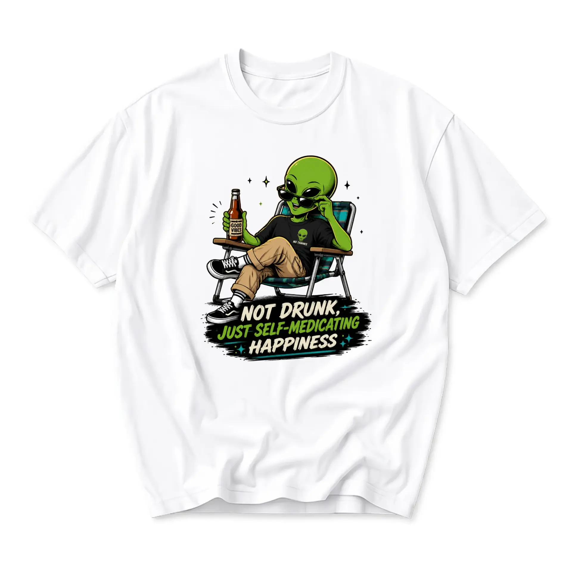 Funny Shirt Alien Chilling with Beverage Graphic Tee Unisex Crew Neck Comfortable Casual Cotton Blend Top Apparel