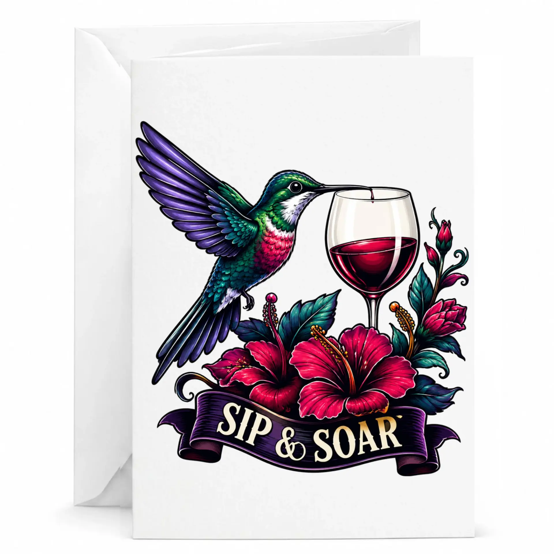 Funny Hummingbird and Wine Greeting Card Sip and Soar Design Nature Inspired Artistic Card for Any Special Occasion