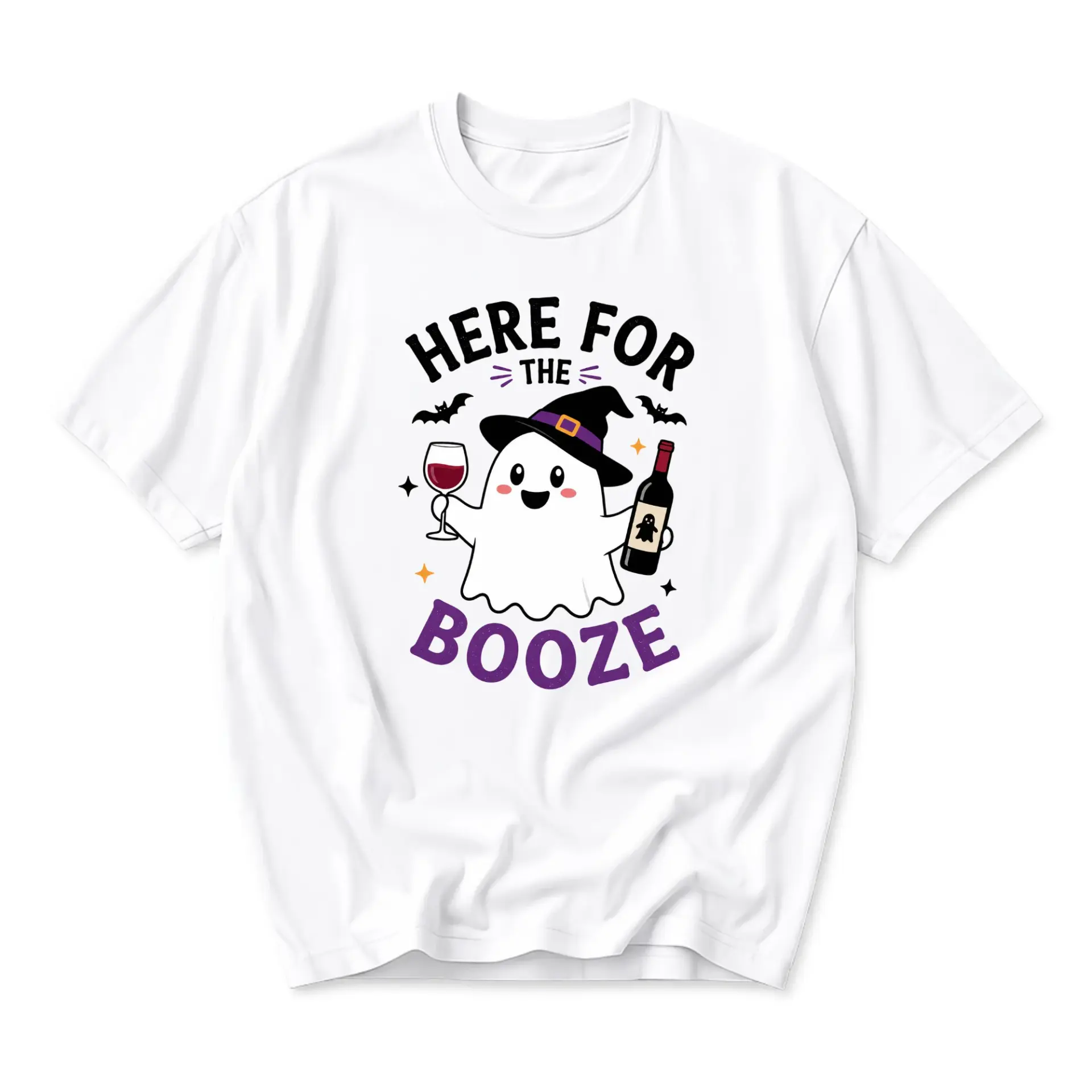 Funny Shirt Here for the Booze Ghost Graphic Tee White Unisex Crew Neck Casual Wear Soft Cotton Blend Print T-Shirt