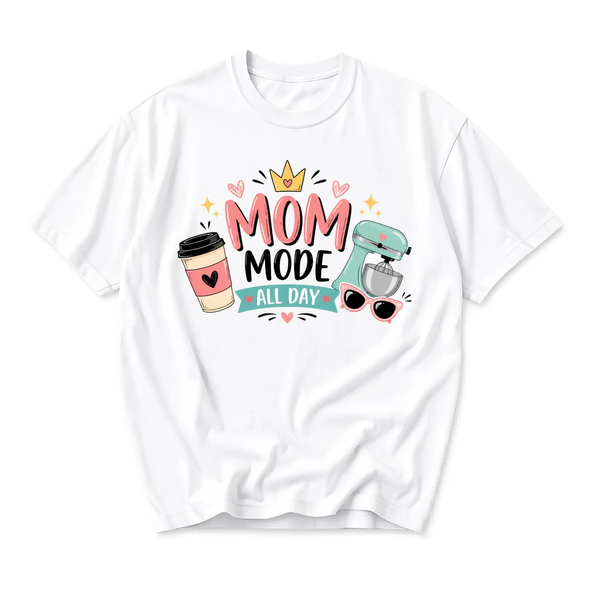 Funny Shirt Mom Mode All Day Graphic Tee Cute Casual Unisex Crew Neck Top for Everyday Outfits and Stylish Daily Wear