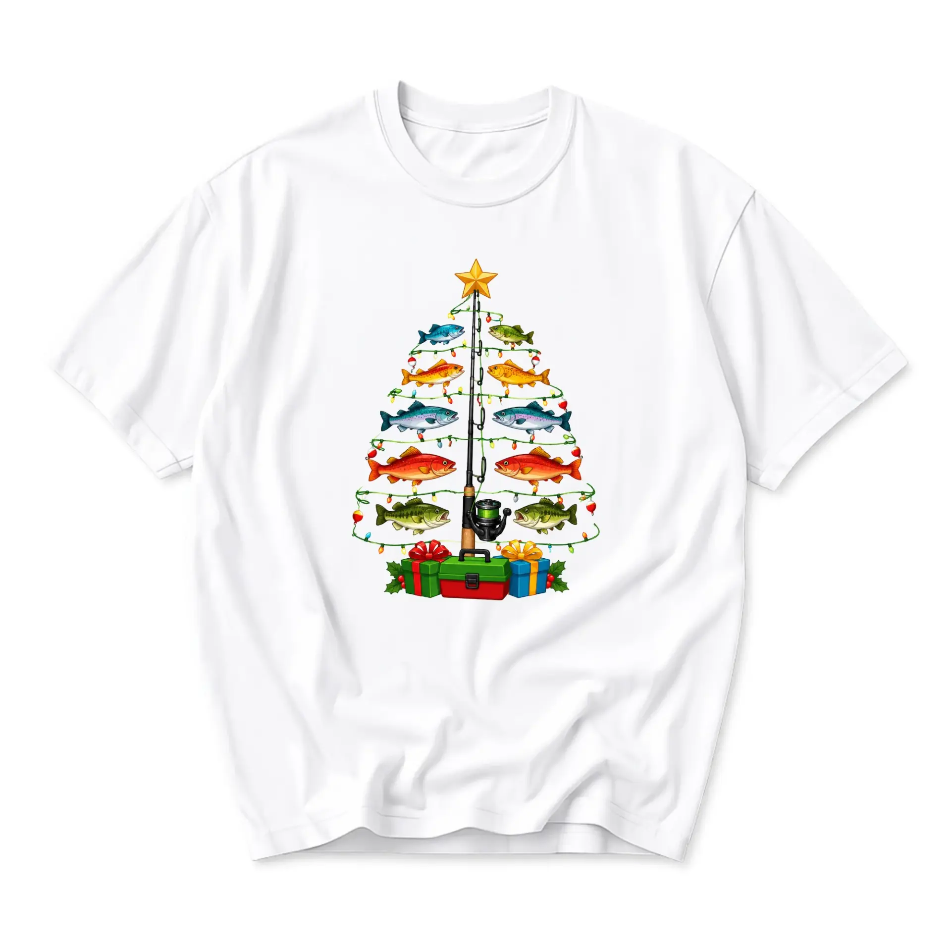 Funny Shirt Fishing Christmas Tree Graphic Tee Unisex Casual Apparel for