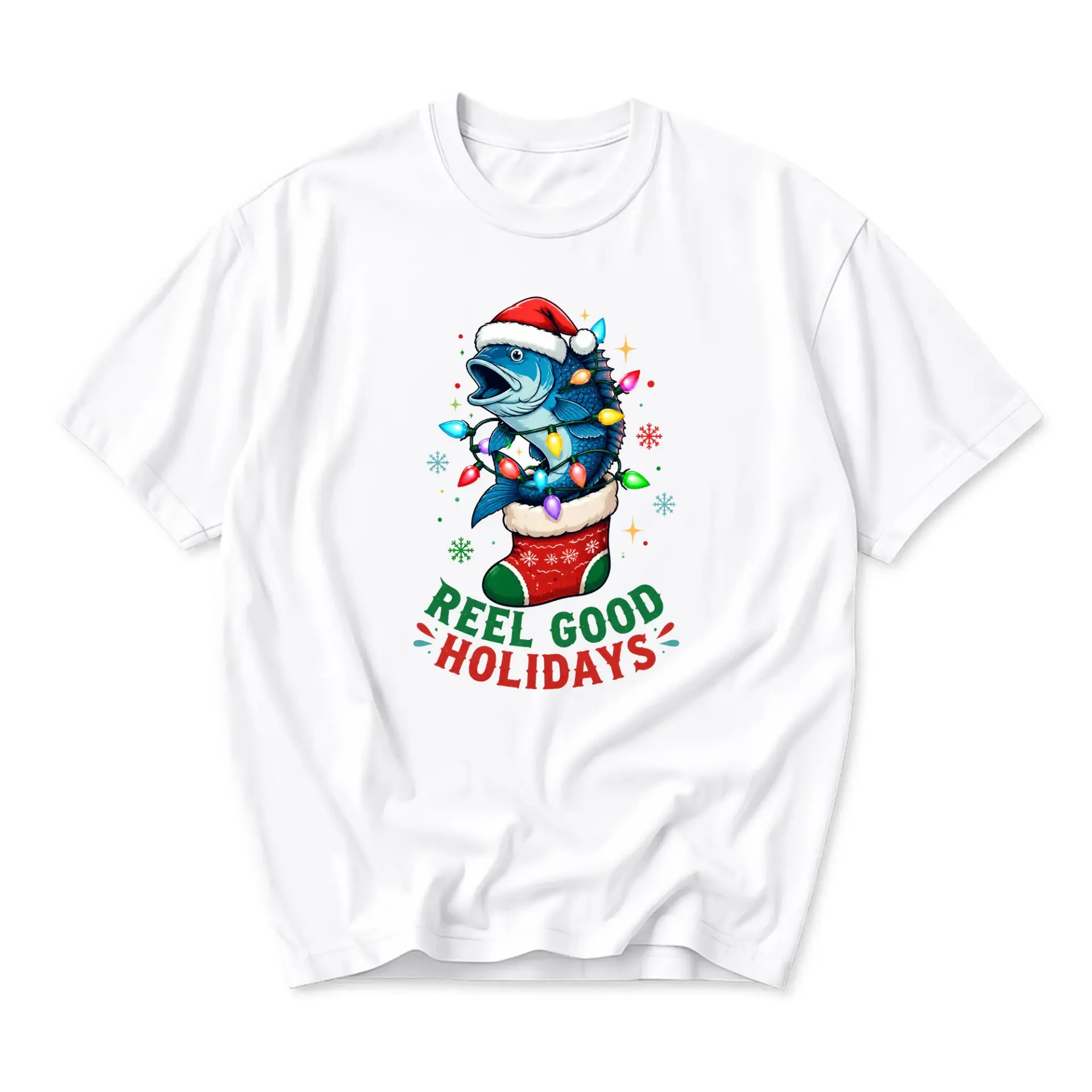 Funny Shirt Reel Good Holidays Fishing Christmas Graphic Tee Unisex Casual Apparel for Festive Seasonal Outfits White