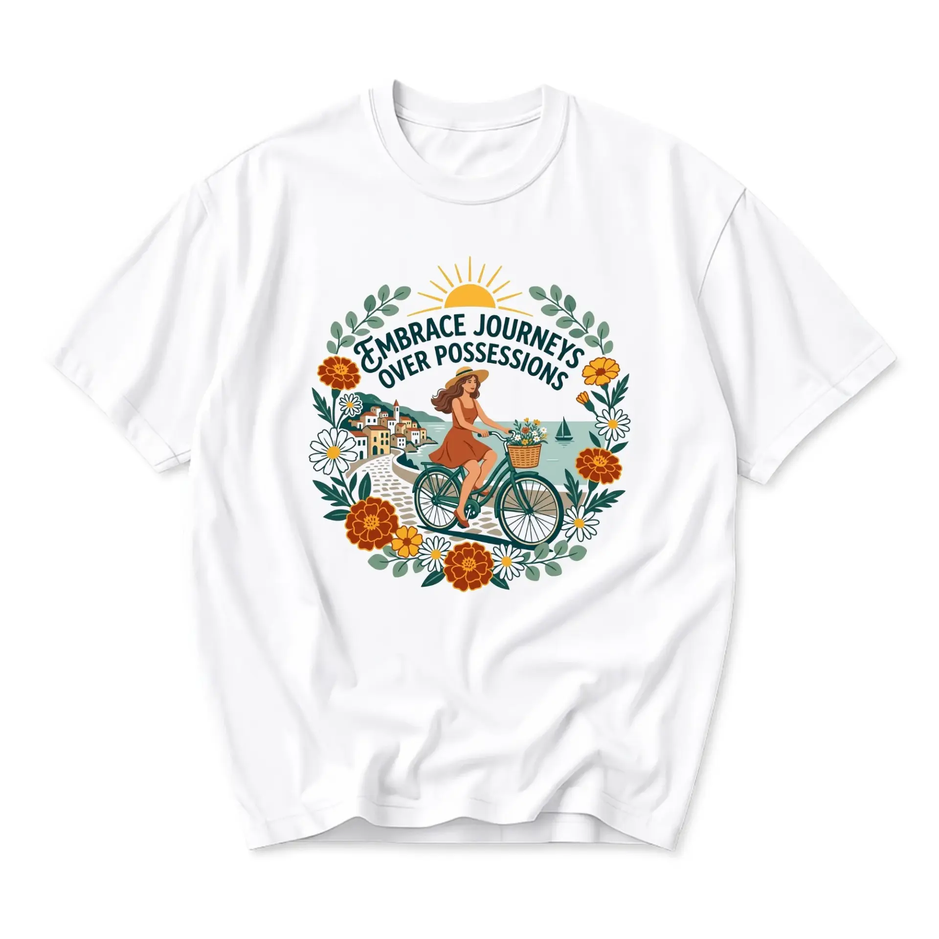 Graphic Tee Embrace Journeys over Possessions Floral Bike Design Summer Travel Inspired Unisex Crew Neck Short Sleeve Top