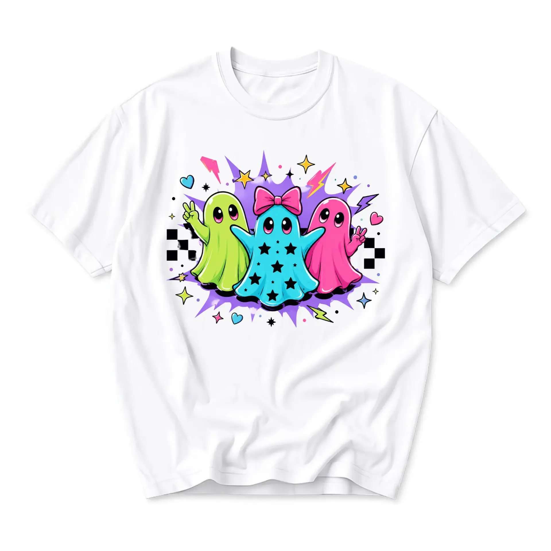 Graphic Tee Featuring Colorful Ghosts Illustration Unisex Cotton Crew Neck Casual Summer Short Sleeve Shirt