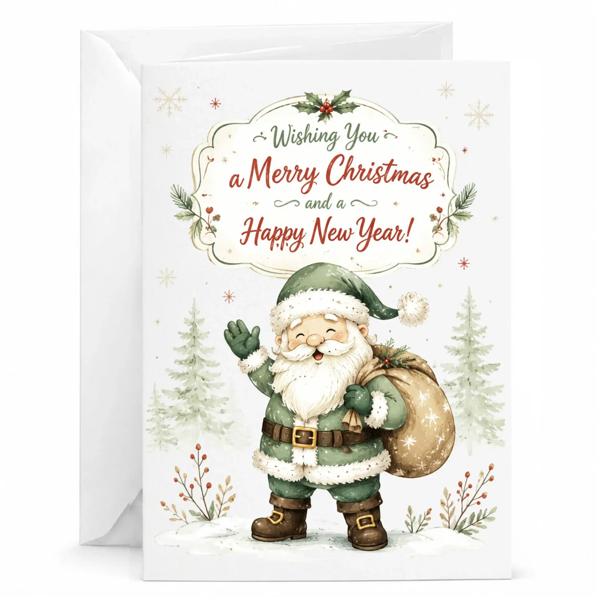 Holiday Greeting Card Merry Christmas and Happy New Year Featuring Cute Vintage Style Santa Claus Illustration
