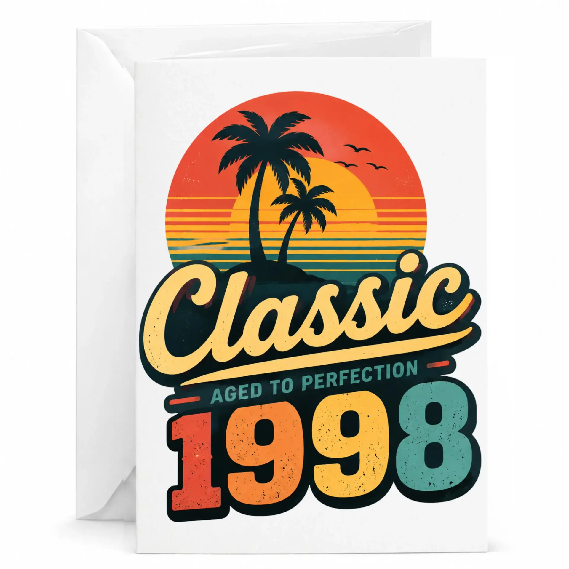Birthday Card Classic Aged to Perfection 1998 Retro Sunset Tropical Palm Tree Greeting Card for Milestone Celebration