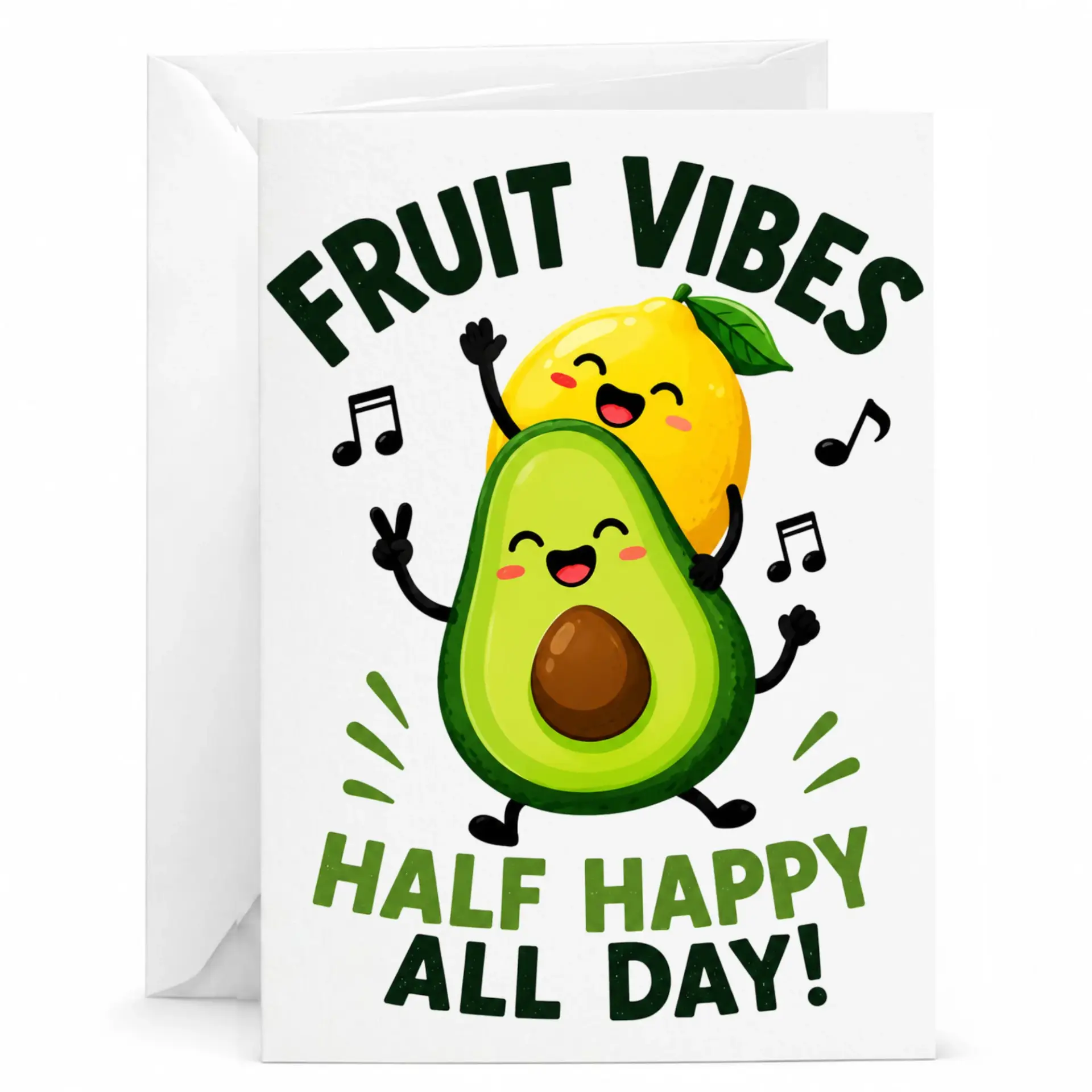 Funny Greeting Card Fruit Vibes Featuring Cute Dancing Avocado and Lemon Illustration for Any