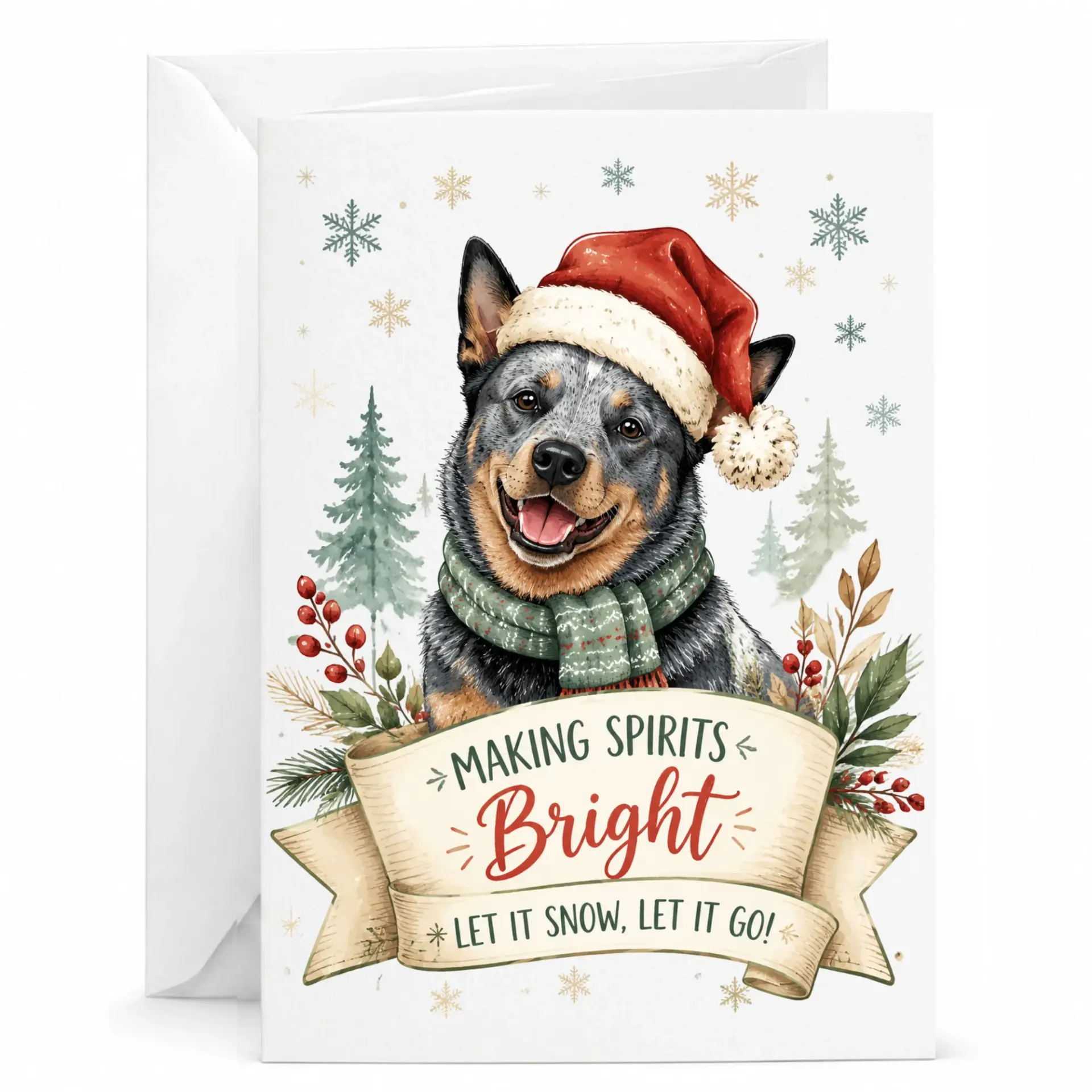 Greeting Card Holiday Blue Heeler Dog Wearing Santa Hat and Scarf Festive Seasonal Greeting for Friends and Family