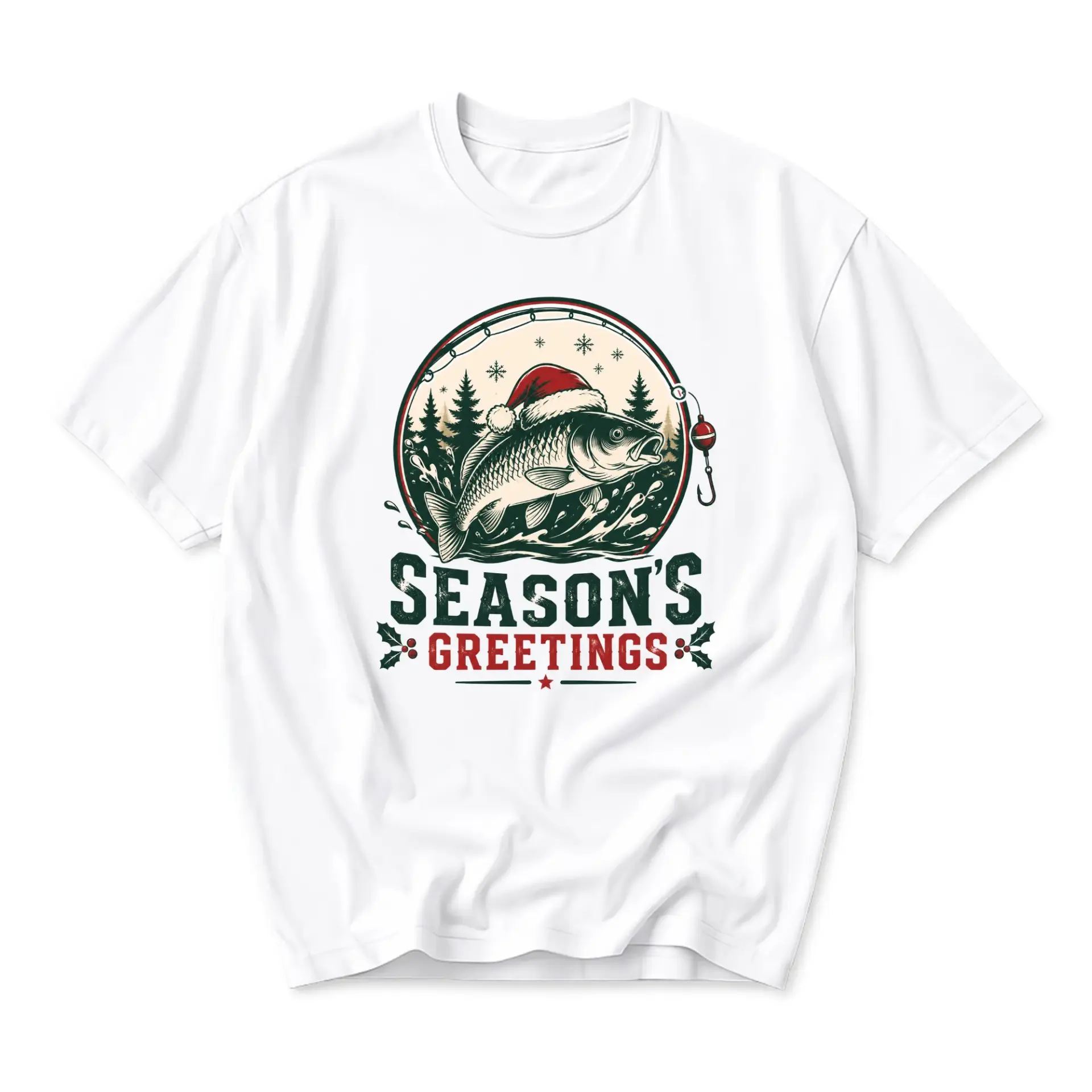 T-shirt Season Greetings Fishing Graphic Tee Unisex Short Sleeve Crew Neck Cotton Blend Holiday Themed Casual Top White