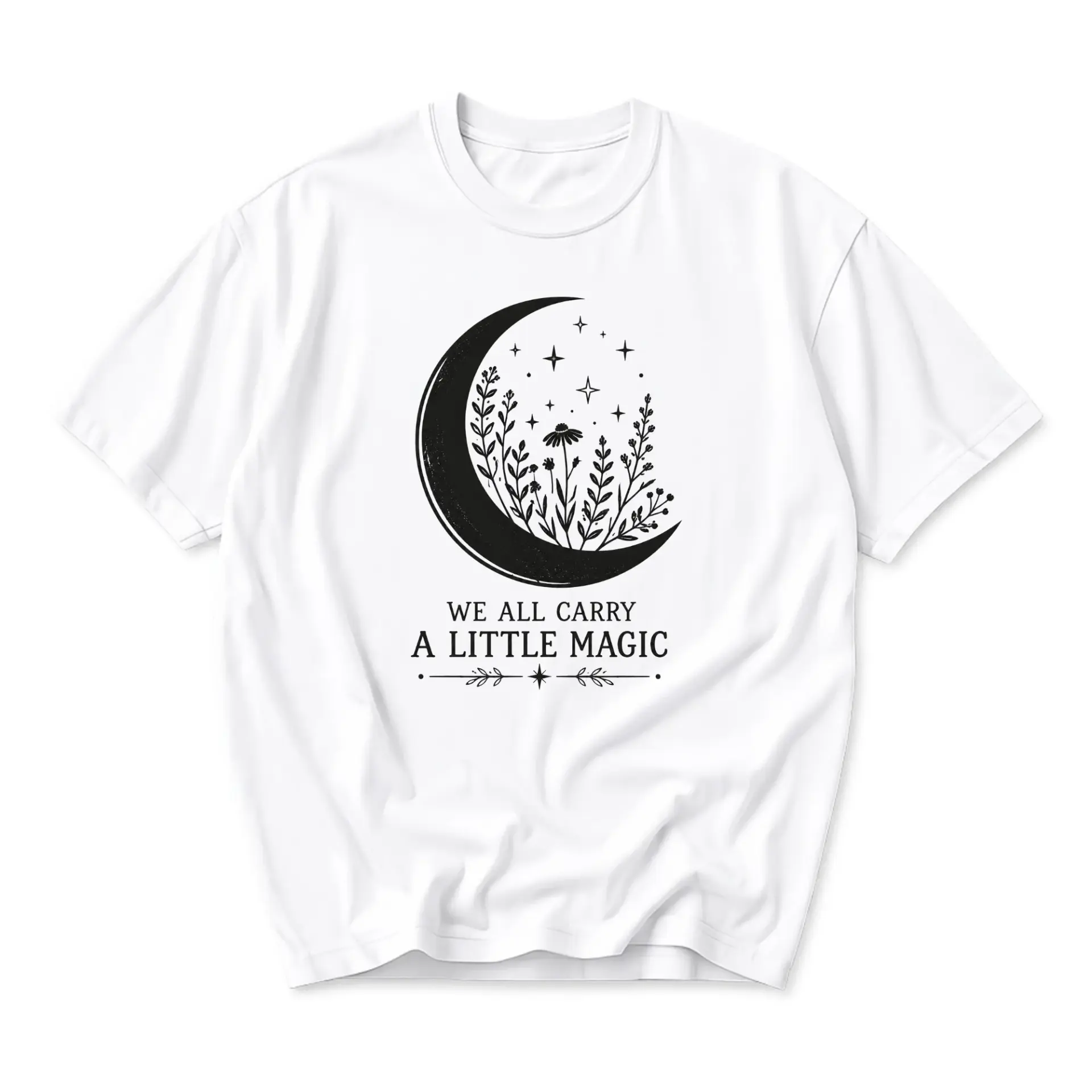 Graphic Tee We All Carry a Little Magic Celestial Floral Moon Design Unisex Crew Neck Short Sleeve Cotton Shirt