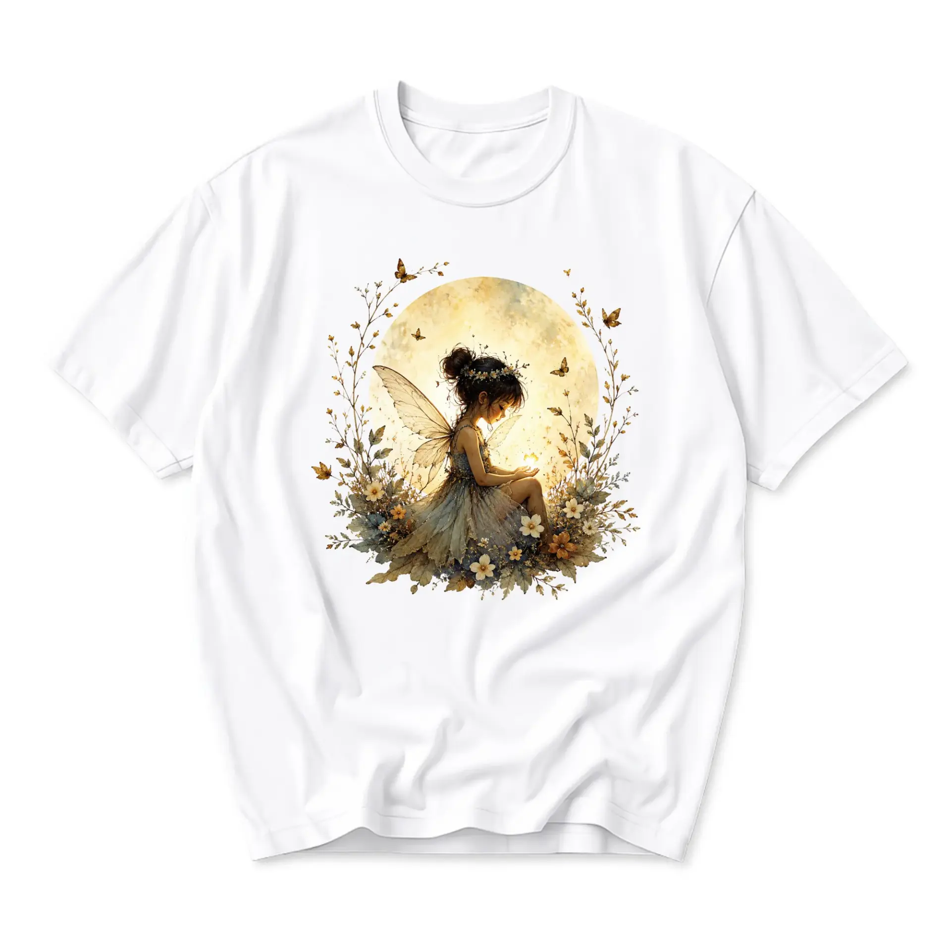 Graphic Tee Fairy in Moonlight Floral Wreath Print Unisex Crew Neck Casual Everyday Short Sleeve Cotton Shirt
