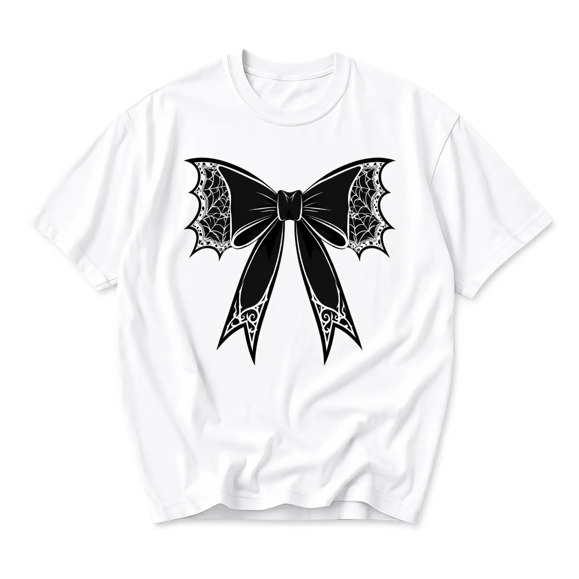 Graphic Tee Unisex Bow Shirt with Gothic Web Pattern Inspired Aesthetic Print Soft Casual Everyday Crew Neck Top