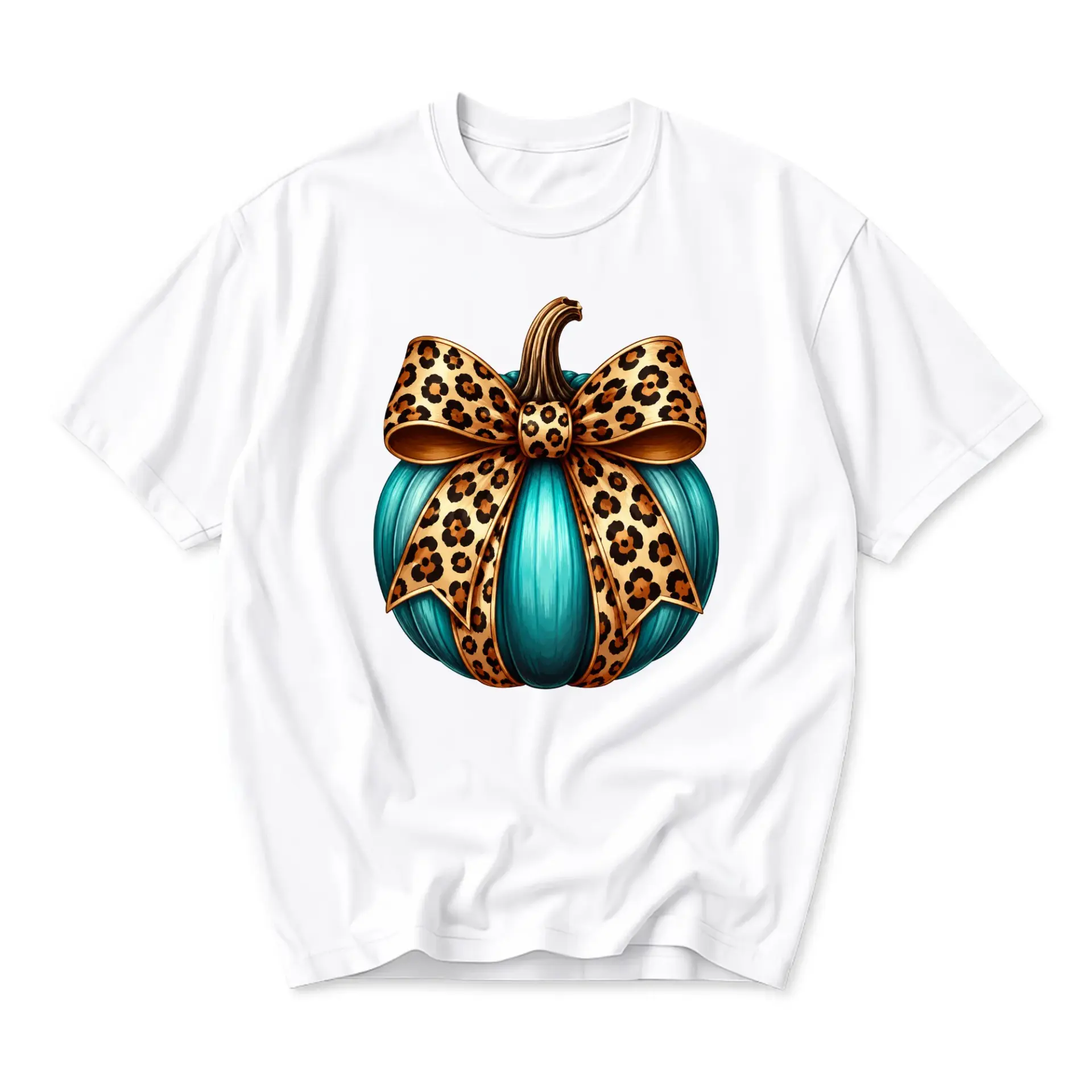 Graphic Tee Pumpkin with Leopard Print Bow Illustration Unisex Casual Crew Neck Comfortable Cotton Blend Shirt