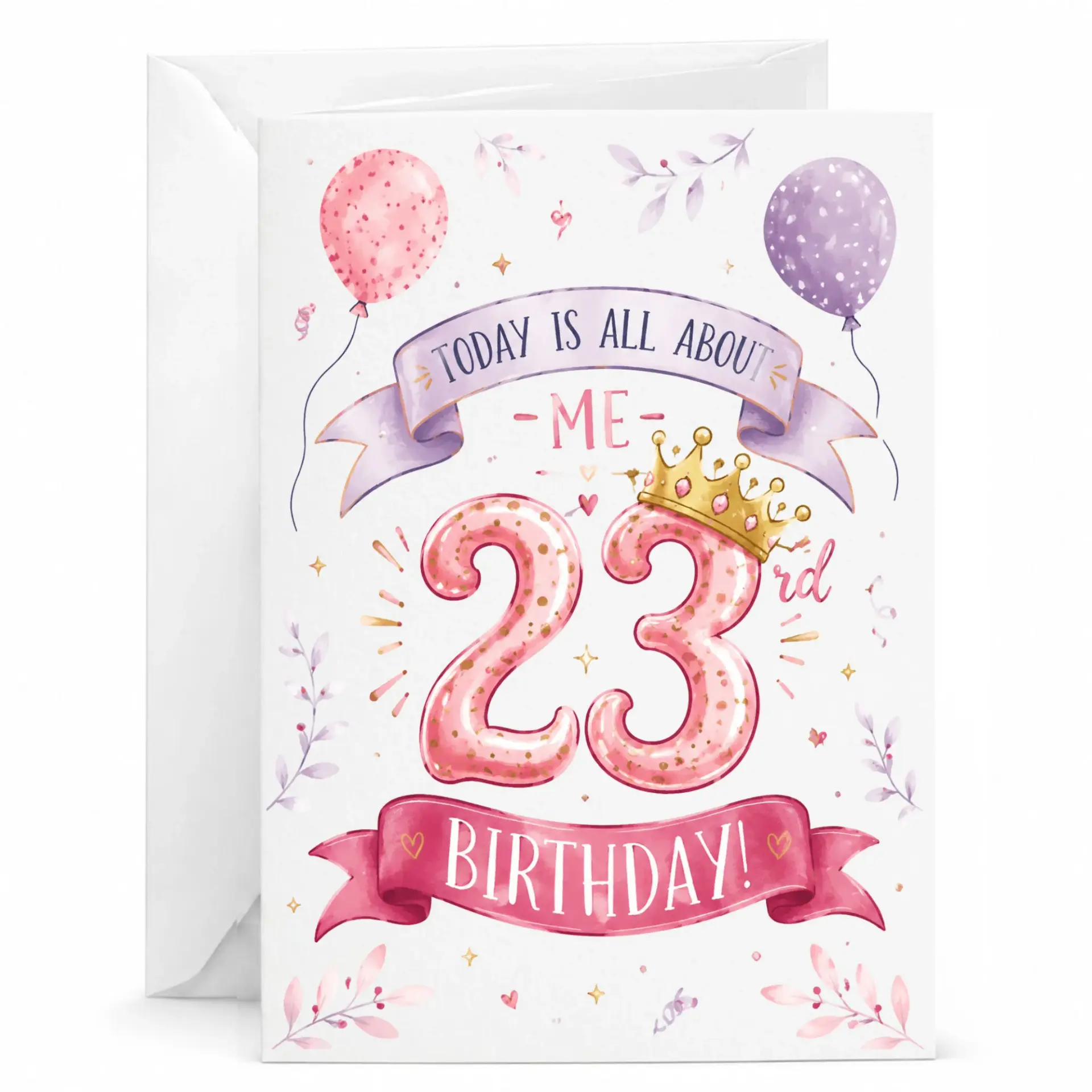 Birthday Card for 23rd Birthday Celebration Featuring Elegant Pink Crown Design on Premium Heavyweight Folded Stationery
