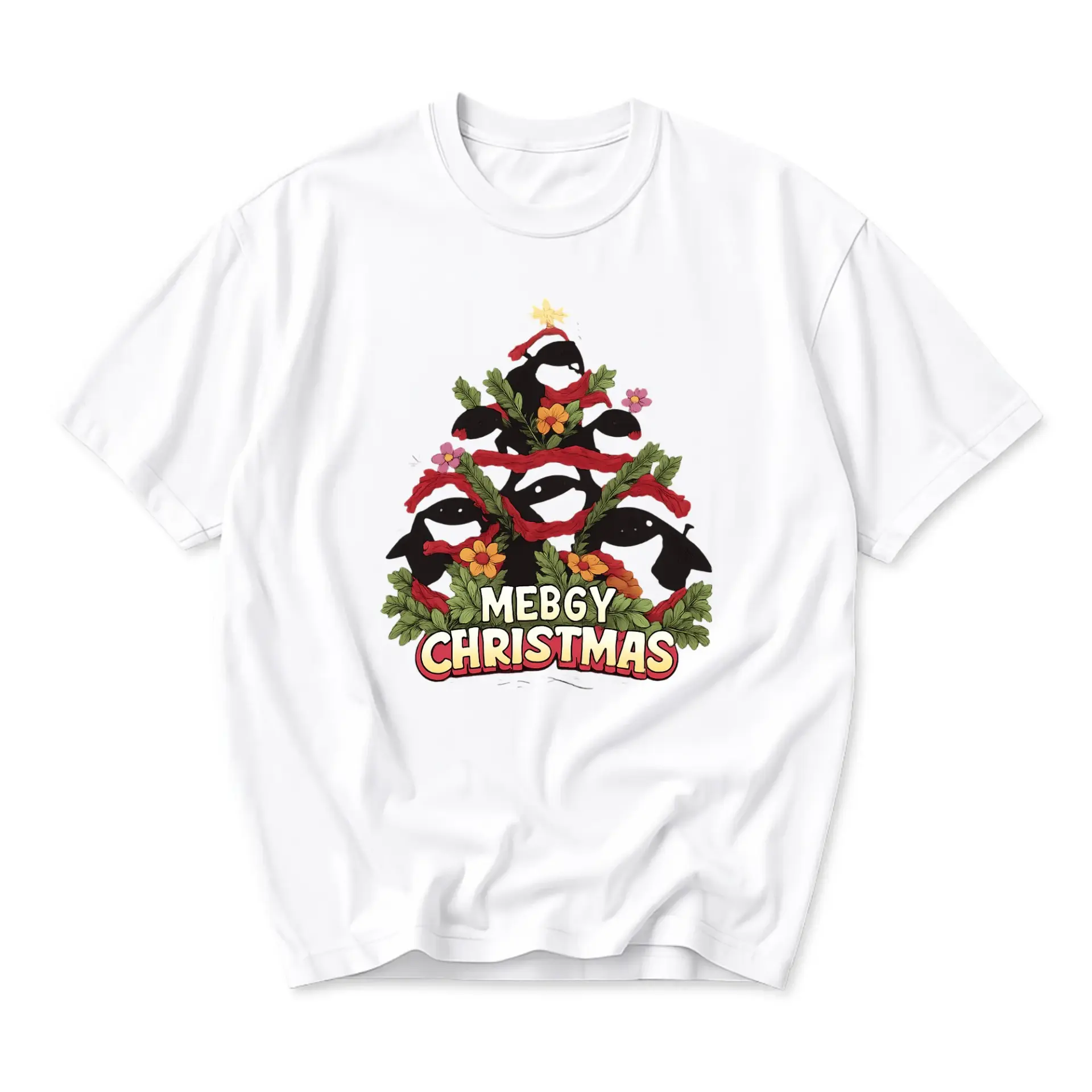 Funny Shirt Mebgy Christmas Whale Holiday Tree Graphic Unisex Crew Neck Casual Everyday Wear Cotton Tee White