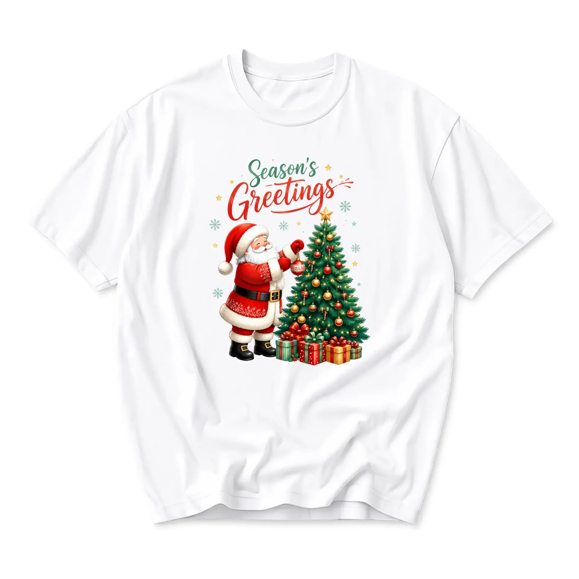 T-shirt Season's Greetings Christmas Graphic Tee Featuring Santa Claus Decorating Tree Festive Holiday Apparel