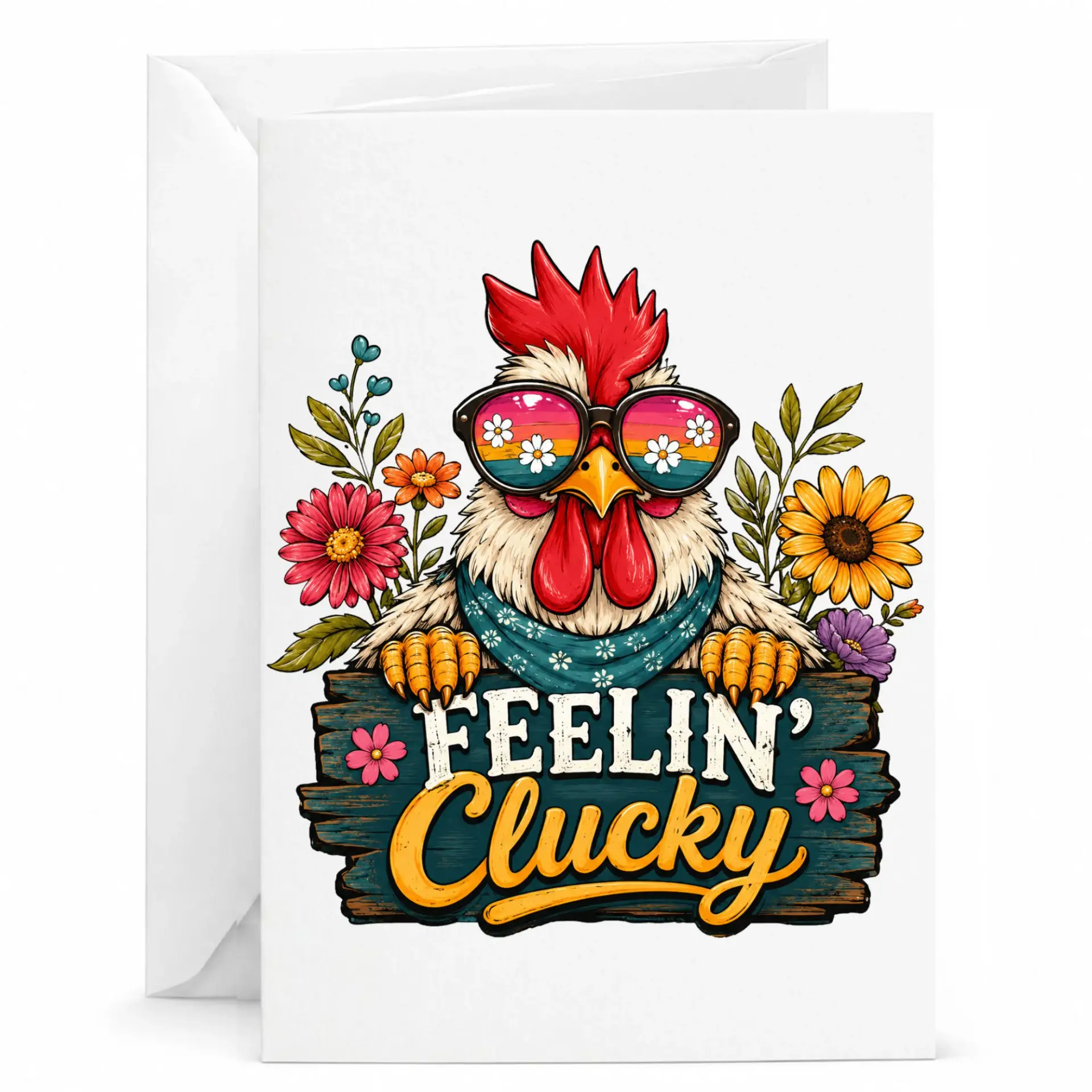 Funny Greeting Card Feelin Clucky Retro Chicken Artwork Design with Sunglasses and Floral Accents 5x7 Folded