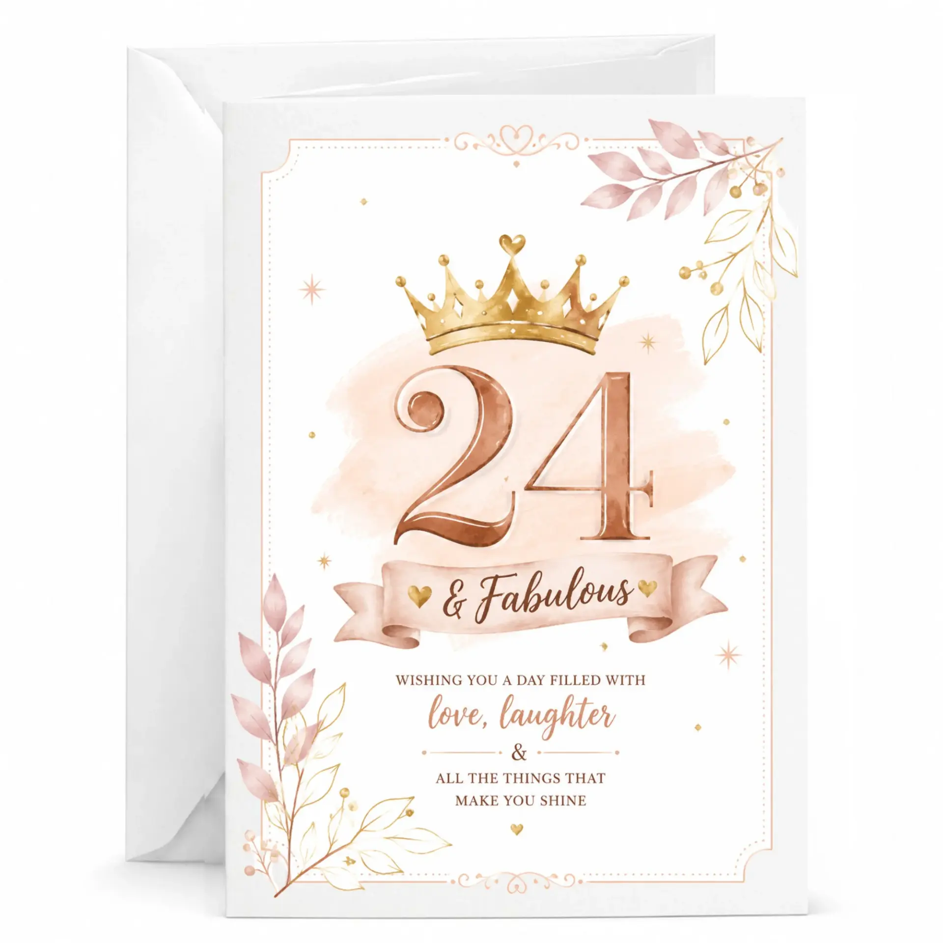 Birthday Card 24 & Fabulous Elegant Gold Crown Floral Watercolor Design for Milestone Twenty Fourth Birthday Celebration