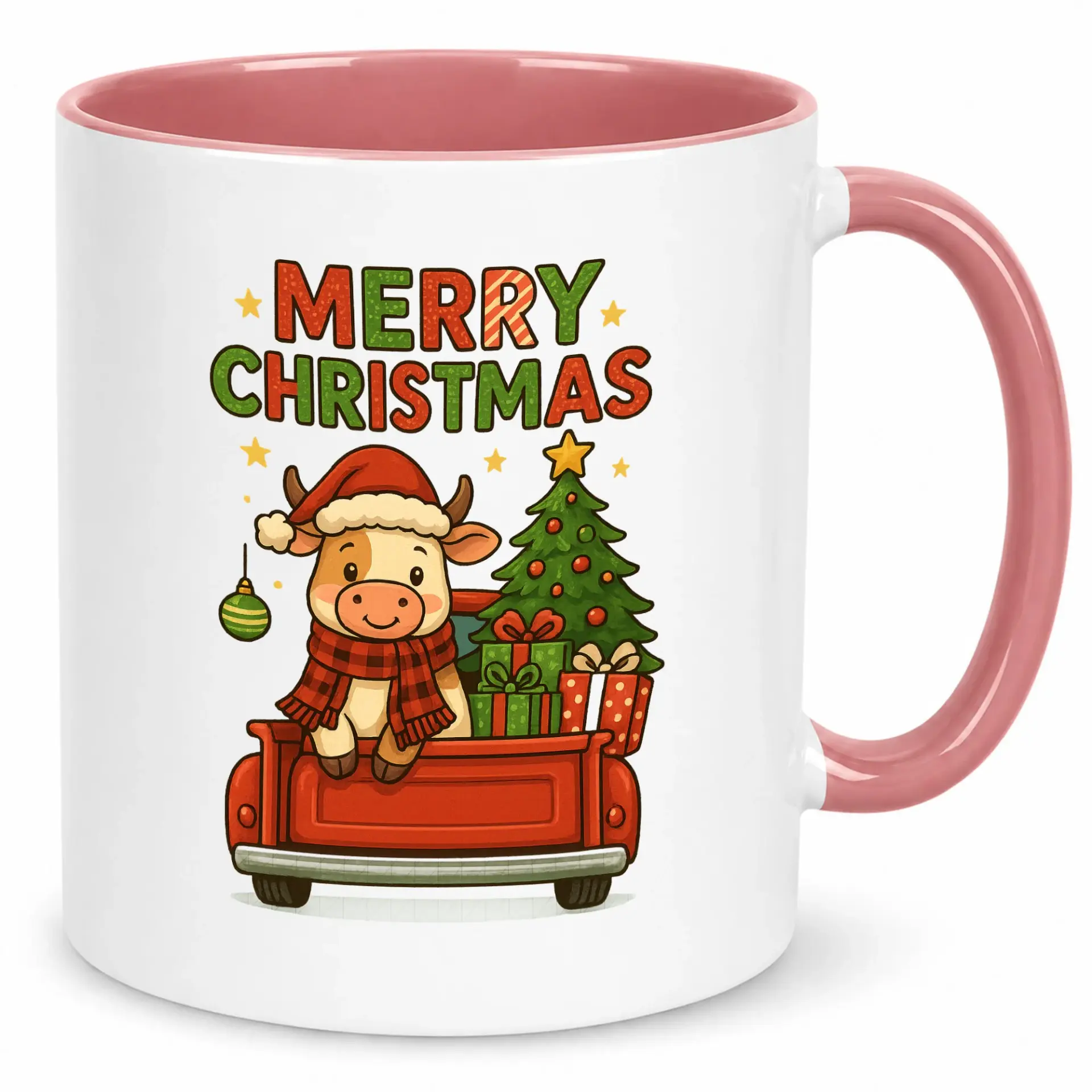 Funny Christmas Cow Ceramic Coffee Mug, Festive Holiday Farm Animal Pickup Truck with Tree and Gifts Design for Winter Season Drinks