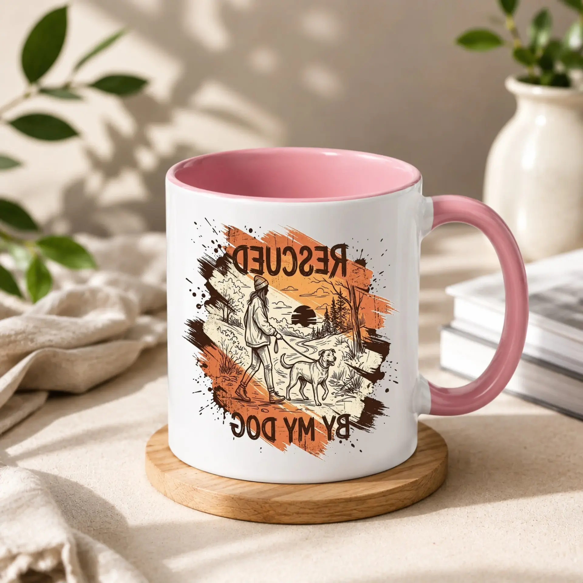 Rescued by My Dog Ceramic Coffee Mug with Blue Accent Handle Artistic Nature Inspired Illustration for