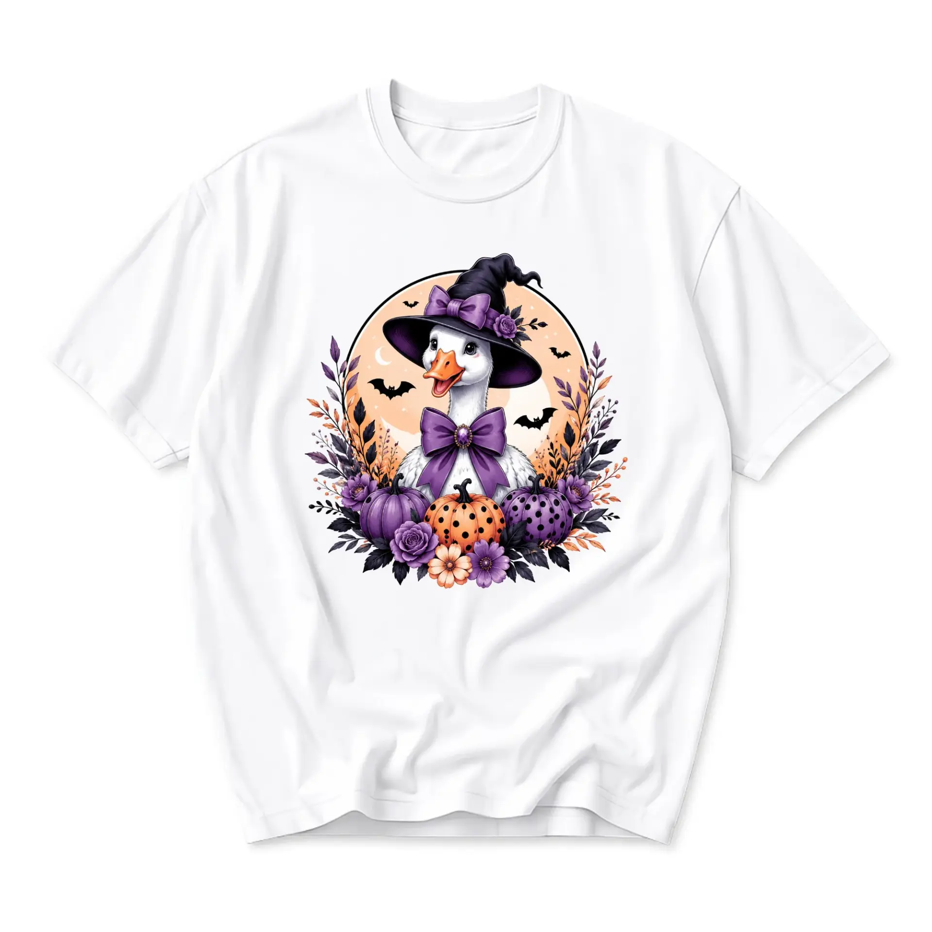 Graphic Tee Unisex Crew Neck T-Shirt Featuring a Cute Witch Duck with Pumpkins and Flowers for Fall Seasonal Wear