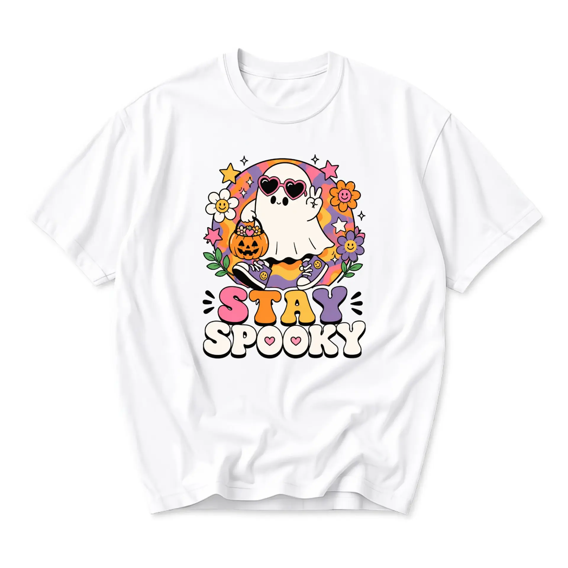 Graphic Tee Stay Spooky Retro Ghost Illustration Unisex Crew Neck Short Sleeve Casual Cotton Blend Fashion Shirt
