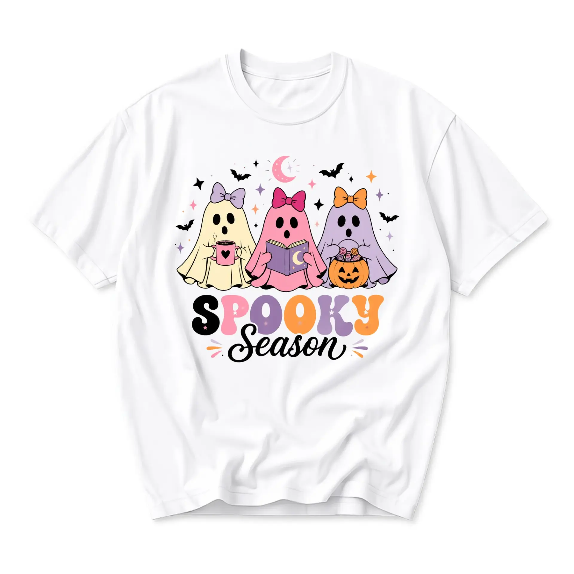 Graphic Tee Spooky Season Ghost Shirt Unisex Crew Neck Short Sleeve Top for Autumn Halloween Fall Holiday Casual Wear