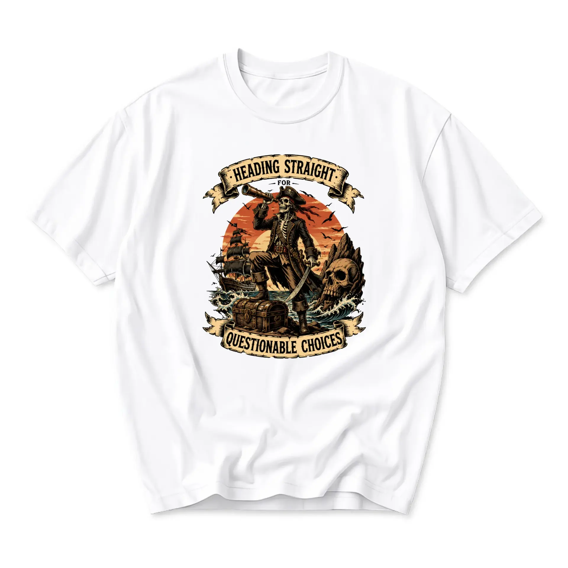 Graphic Tee Heading Straight for Questionable Choices Nautical Skeleton Pirate Illustration Unisex Crew Neck T-Shirt